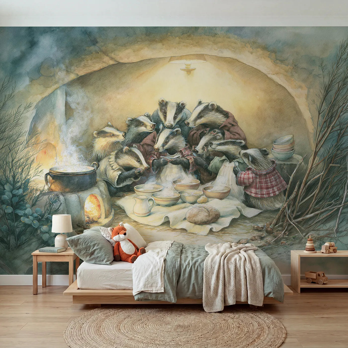 Storybook wall mural of a badger family supper on warm cream by Whimsy Tots