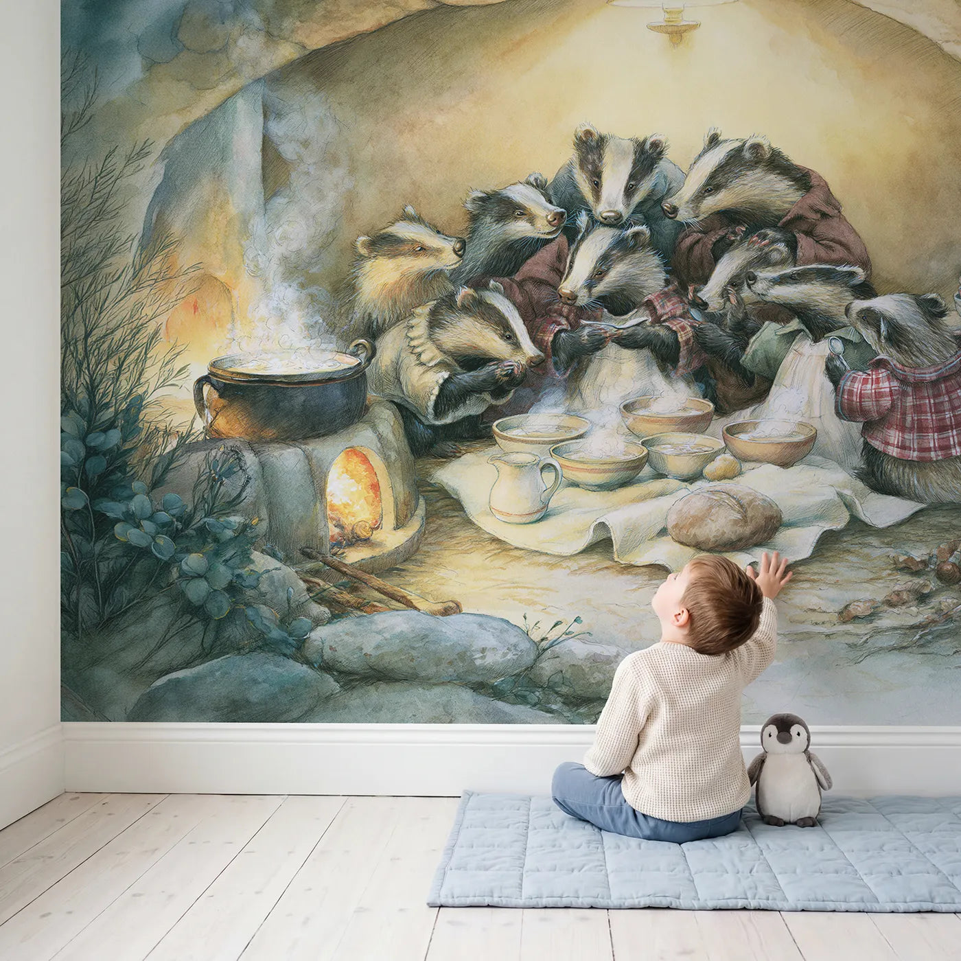 Child in nursery with Badger Supper Table Wallpaper Mural by Whimsy Tots