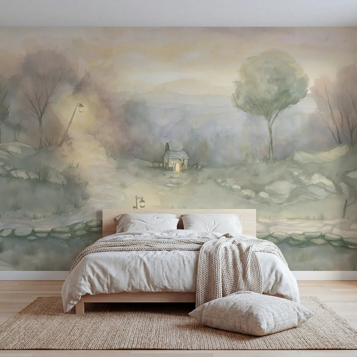 Watercolor wall mural of an animal cottage at dusk on warm cream by Whimsy Tots