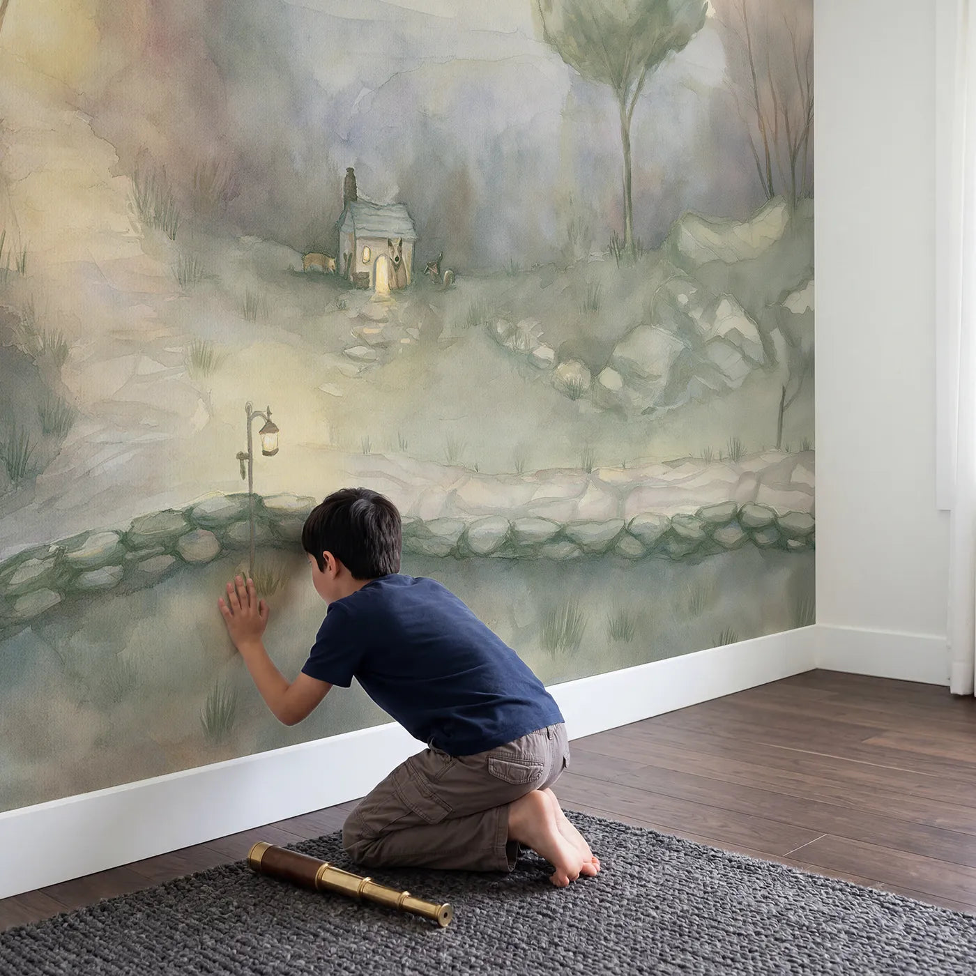 Child in nursery with Cozy Cottage Dusk Wallpaper Mural by Whimsy Tots