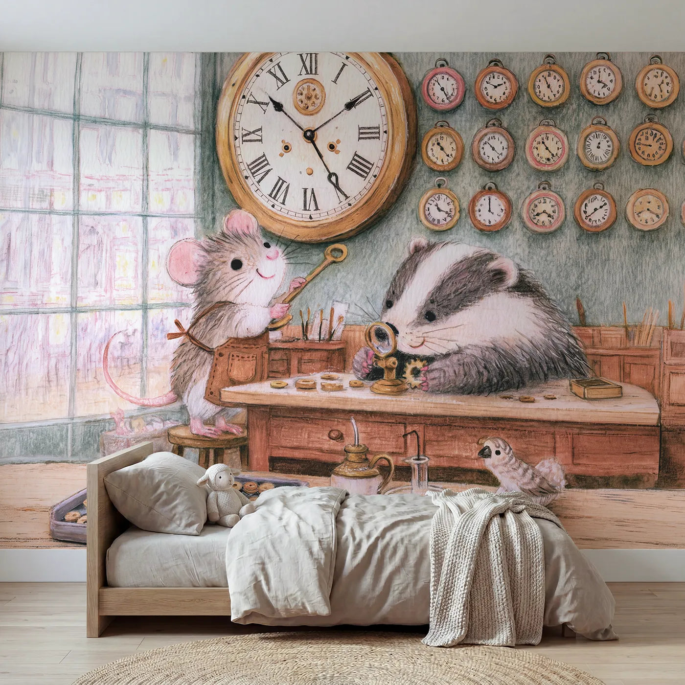 Colored Pencil mouse winding the great clock, mural for a big-kid bedroom by Whimsy Tots