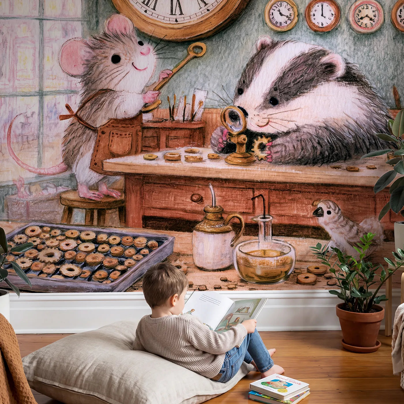 Child in nursery with The Village Clockmaker Wallpaper Mural by Whimsy Tots
