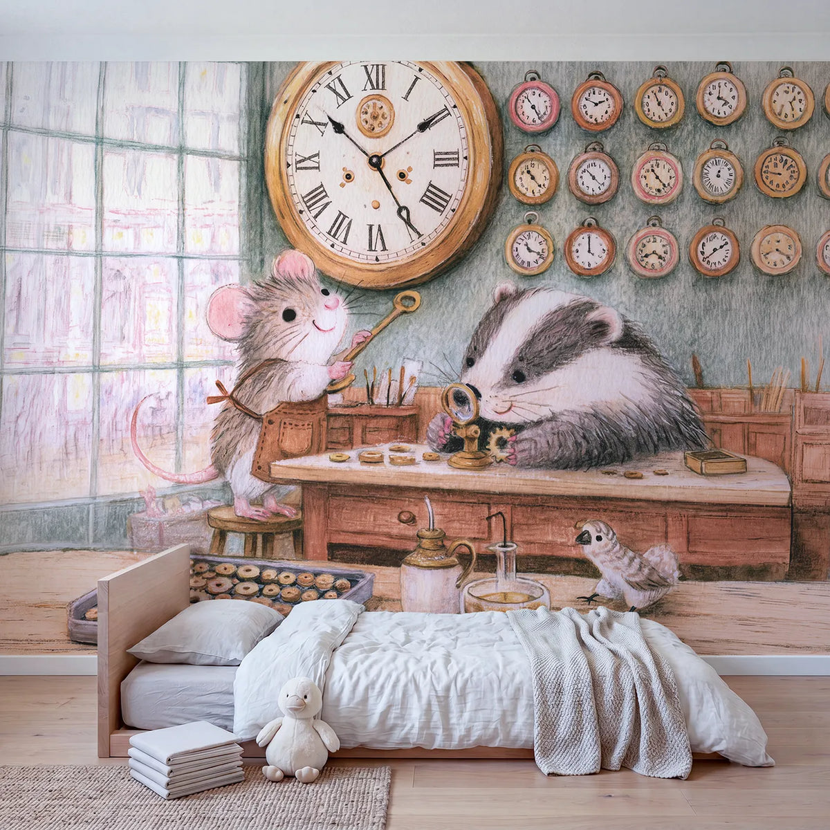 The Village Clockmaker Wallpaper Mural in playroom setting by Whimsy Tots