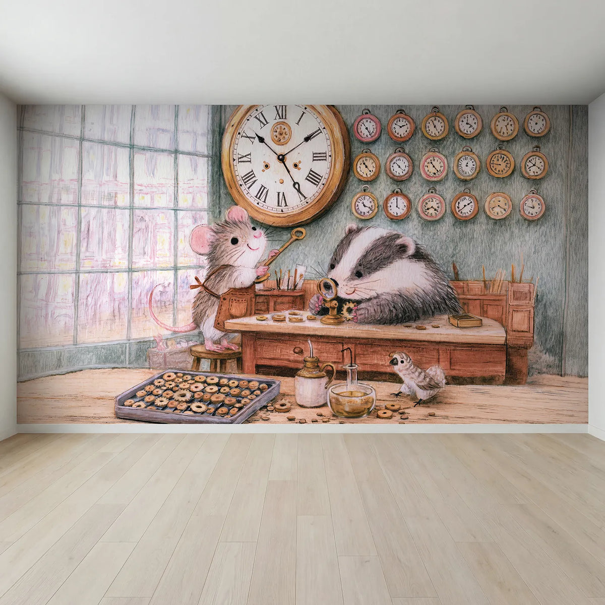 Full view of The Village Clockmaker Wallpaper Mural by Whimsy Tots