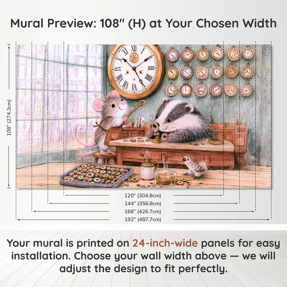 Panel layout and dimensions for The Village Clockmaker Wallpaper Mural by Whimsy Tots