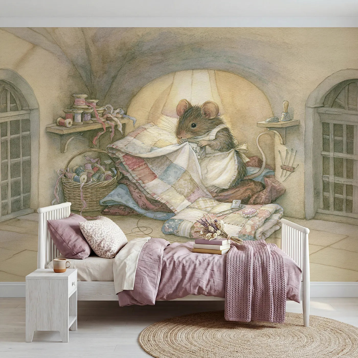 Storybook wall mural of a mouse sewing corner on warm cream by Whimsy Tots