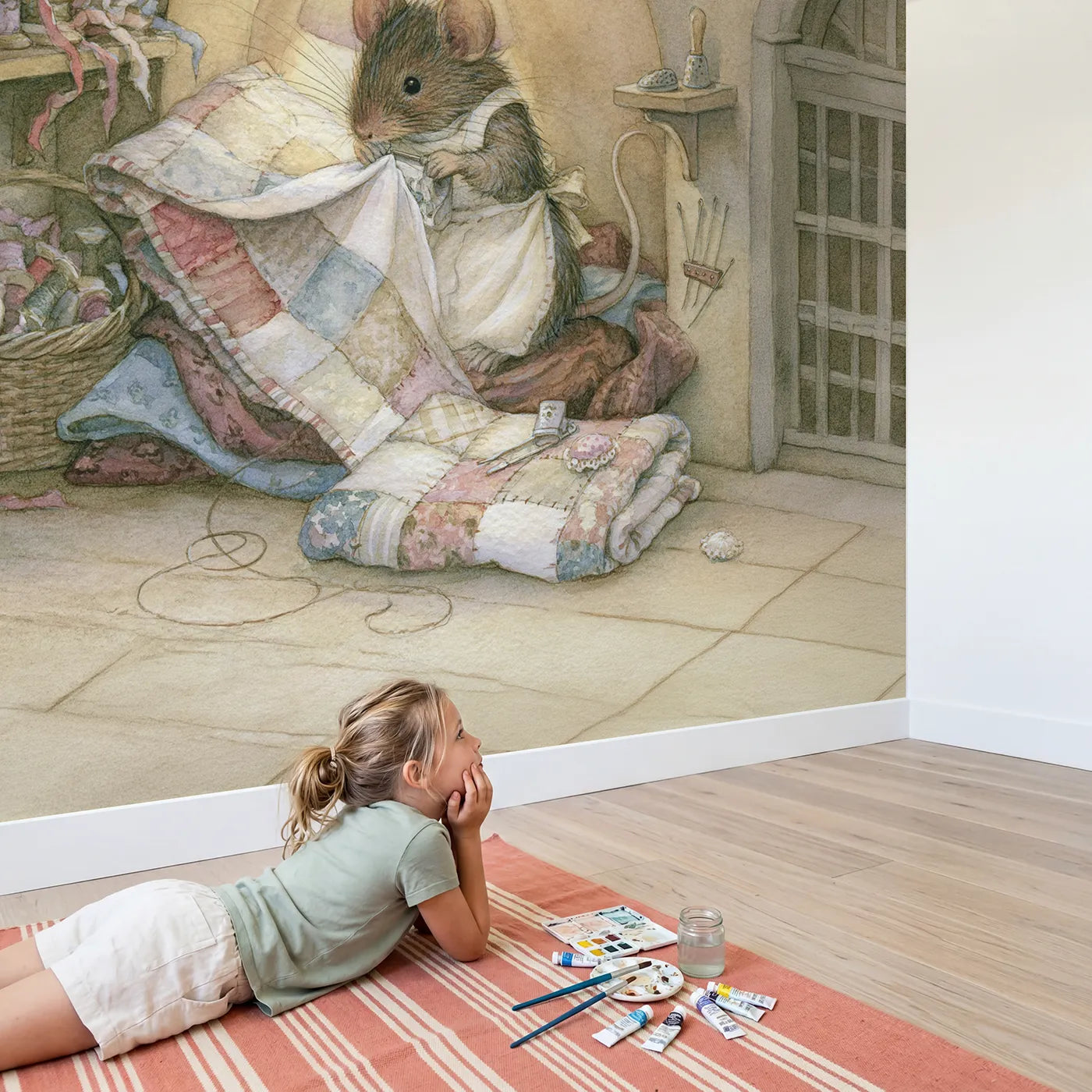 Child in nursery with Mouse Sewing Corner Wallpaper Mural by Whimsy Tots