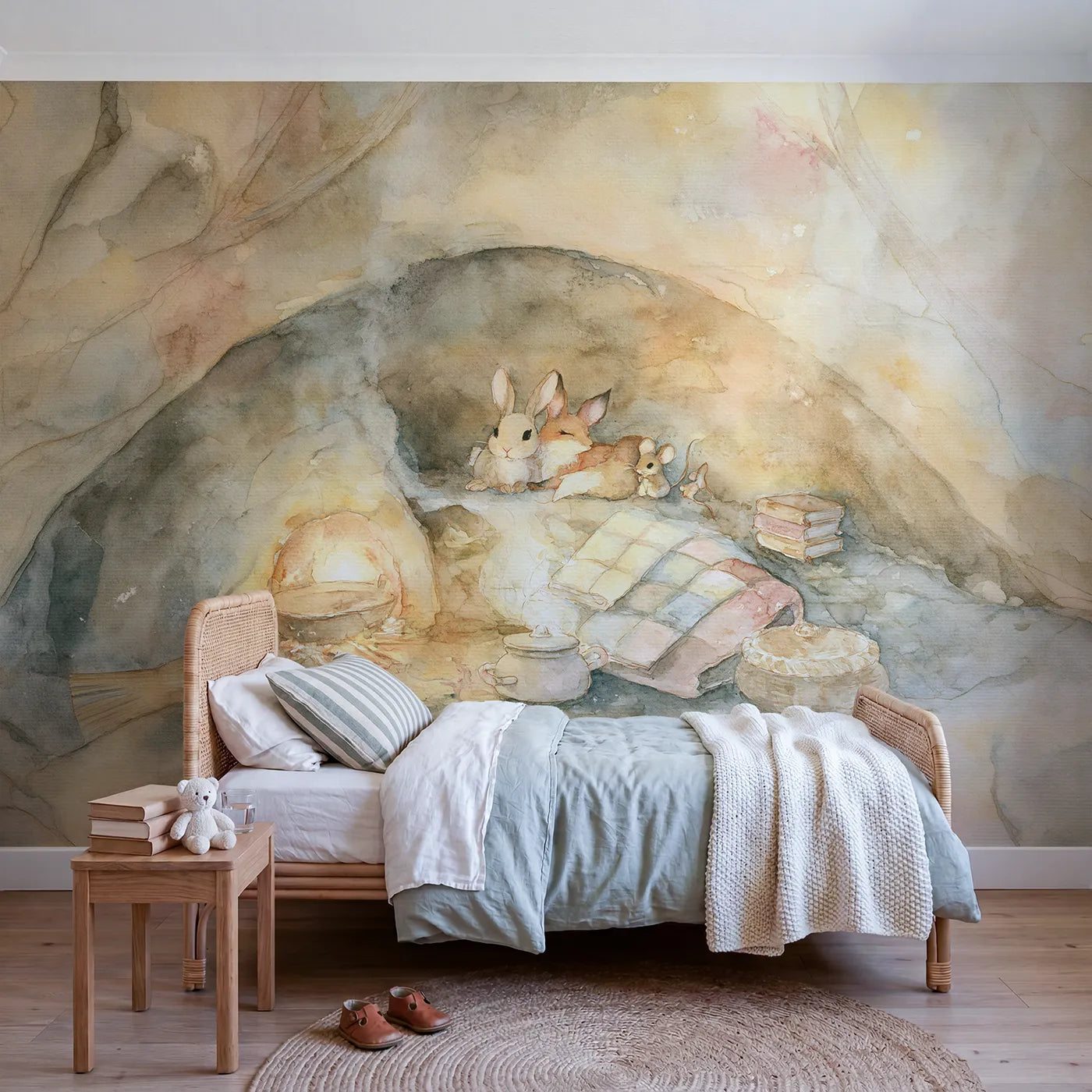 Watercolor wall mural of animals by a hearth glow on warm cream by Whimsy Tots