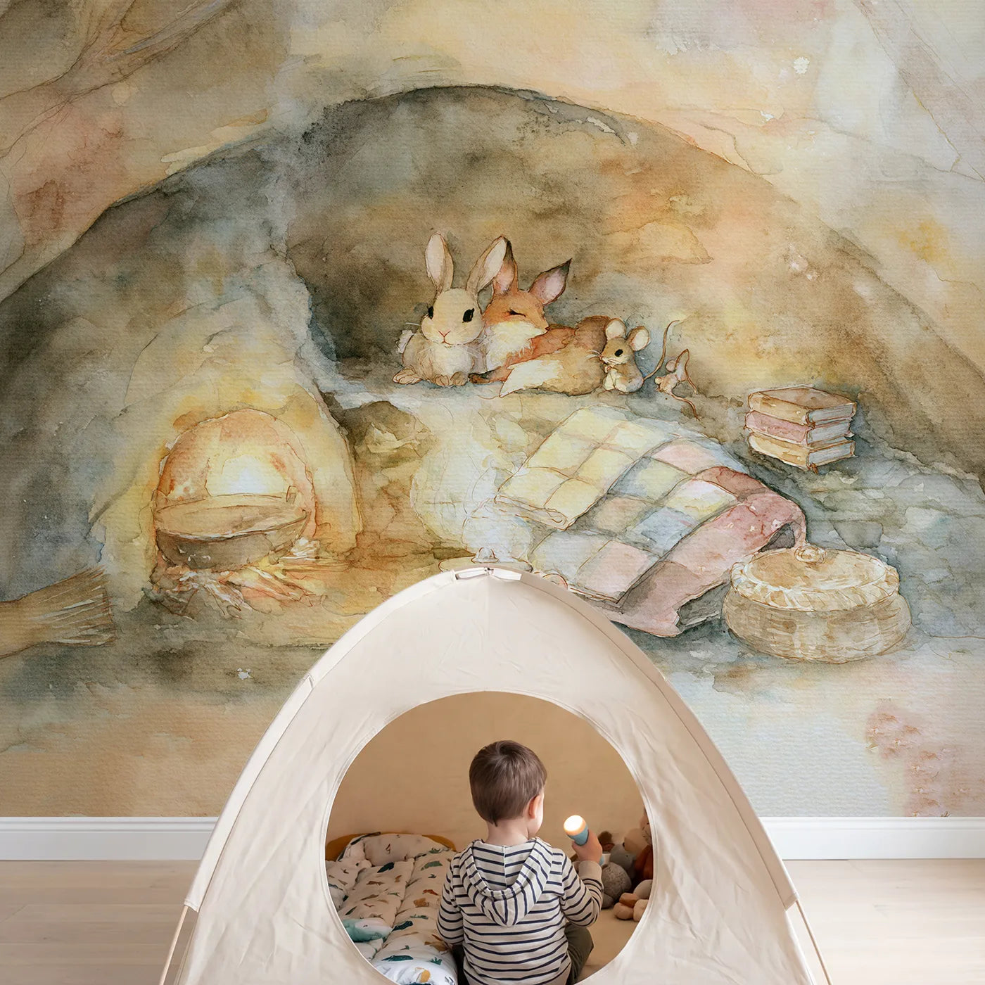Child in nursery with Hearthside Animal Glow Wallpaper Mural by Whimsy Tots