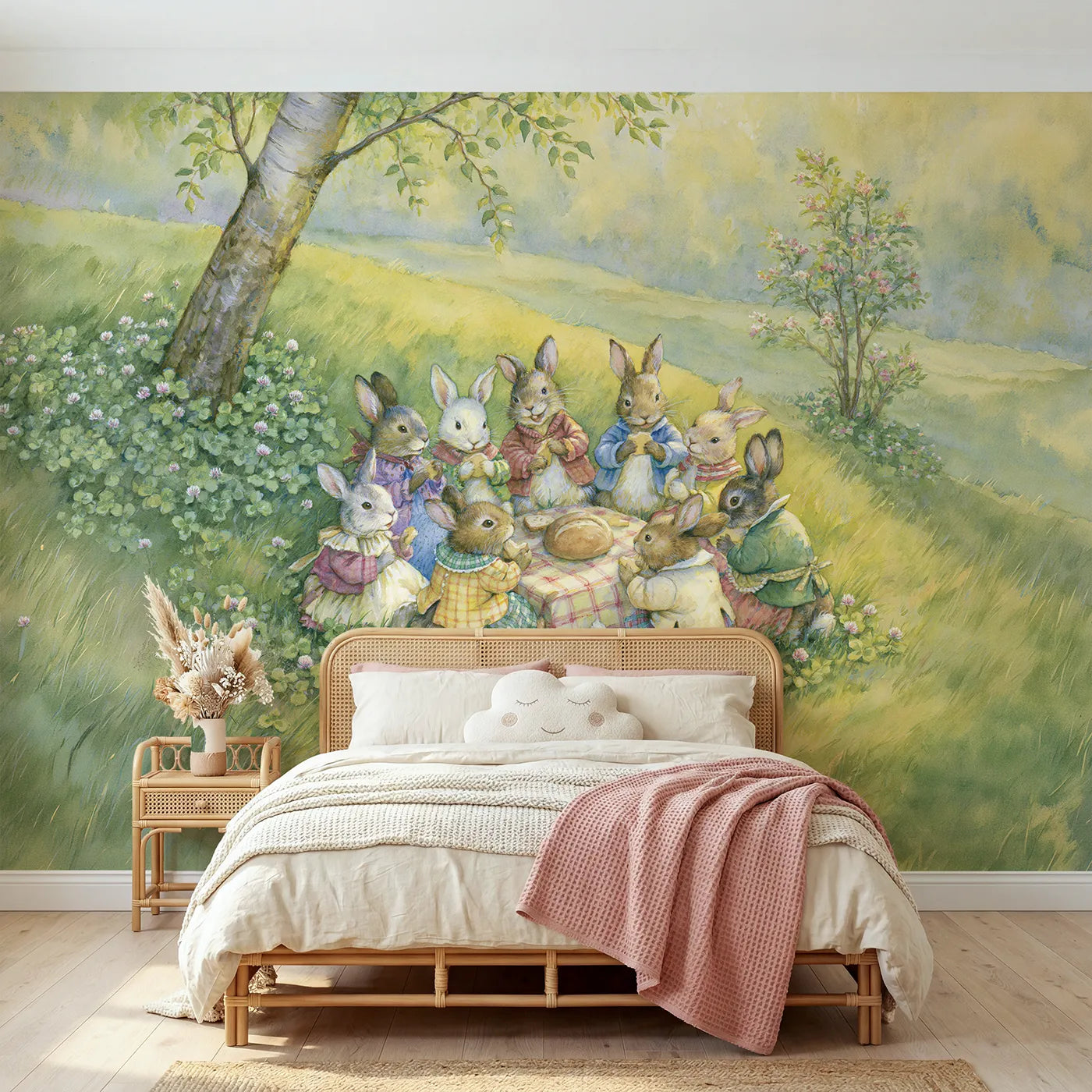 Storybook wall mural of a rabbit glade picnic on pale sage by Whimsy Tots