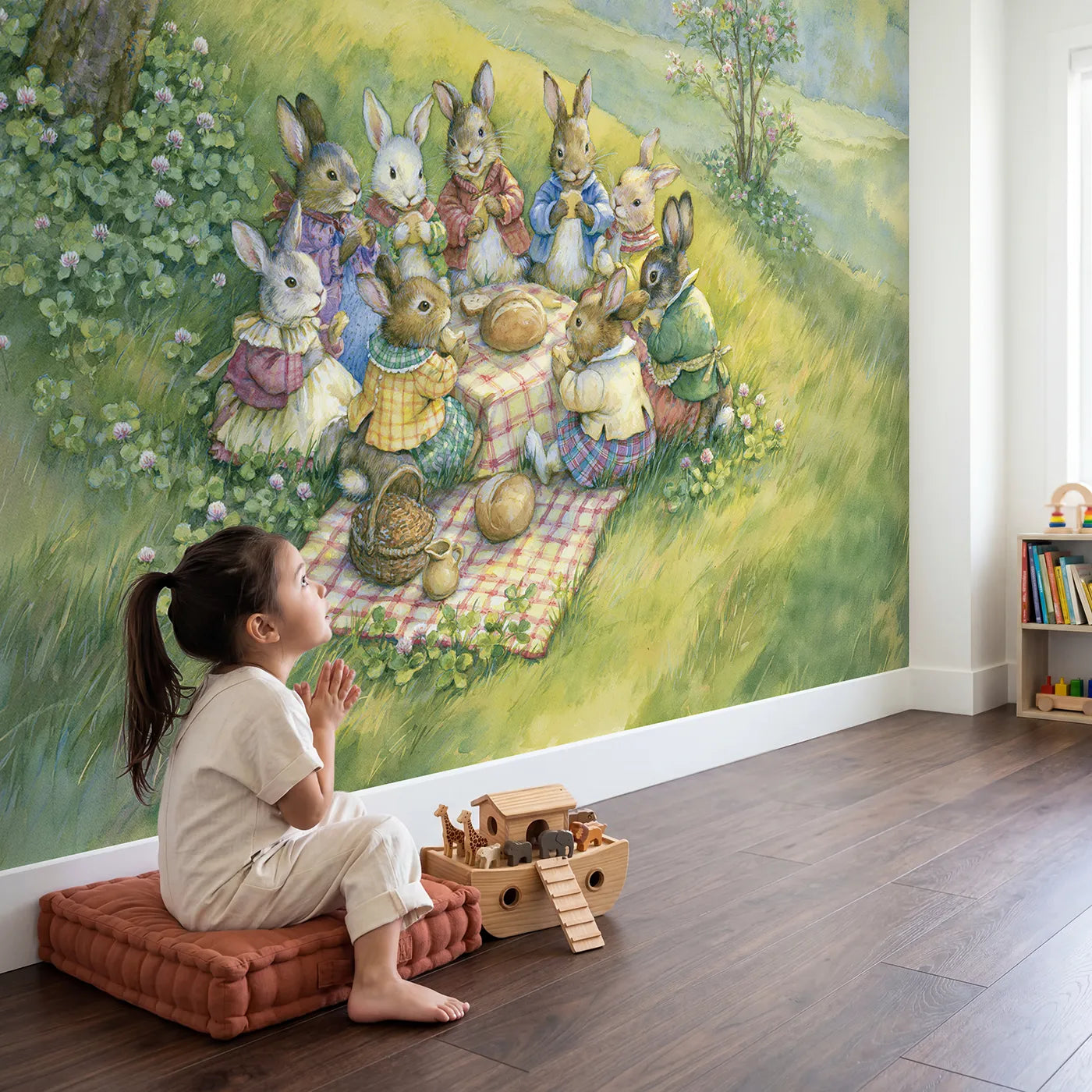 Child in nursery with Rabbit Forest Picnic Wallpaper Mural by Whimsy Tots