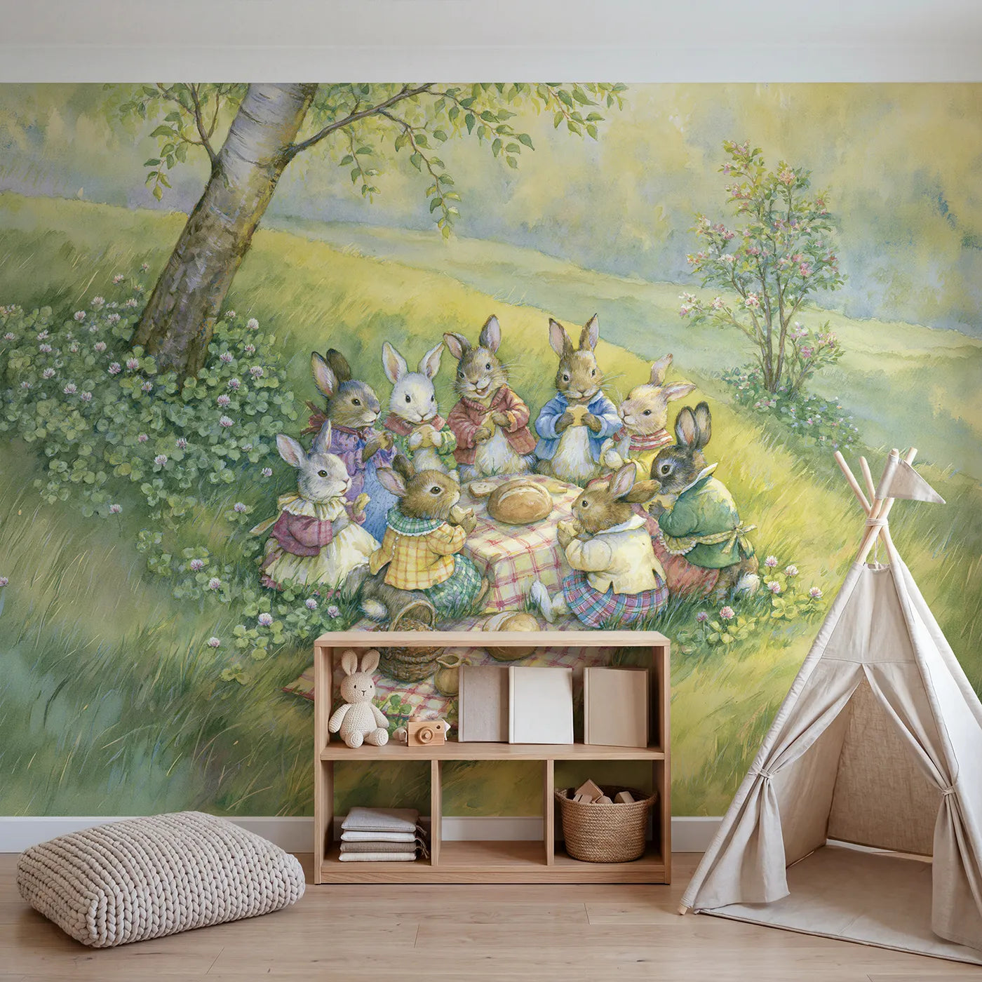Rabbit Forest Picnic Wallpaper Mural in playroom setting by Whimsy Tots