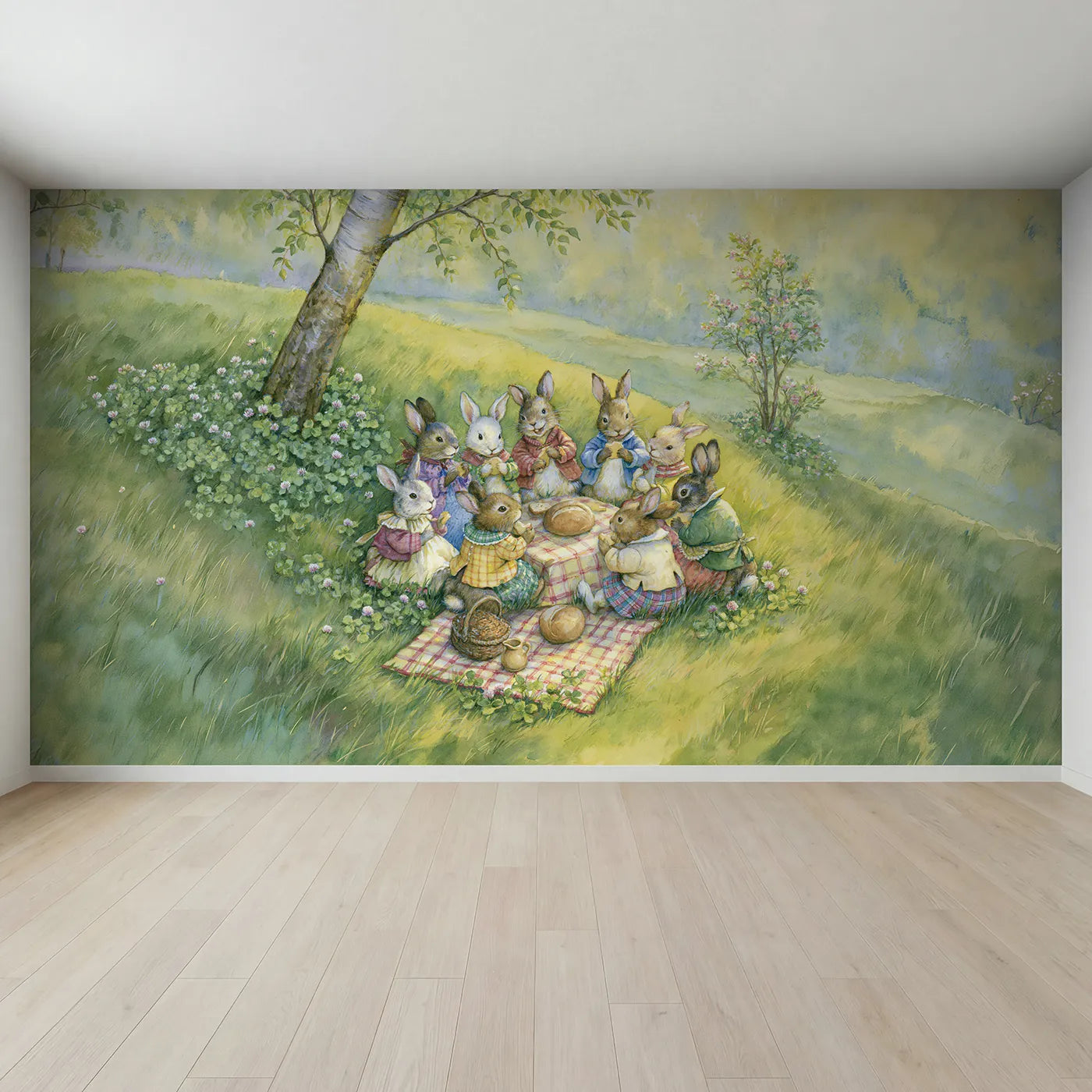 Full view of Rabbit Forest Picnic Wallpaper Mural by Whimsy Tots