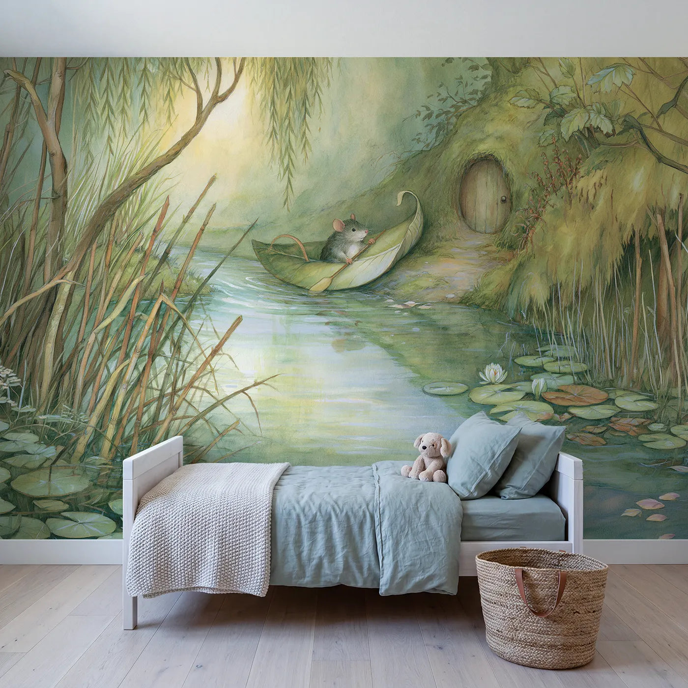 Storybook wall mural of a mouse in a leaf boat on pale sage by Whimsy Tots
