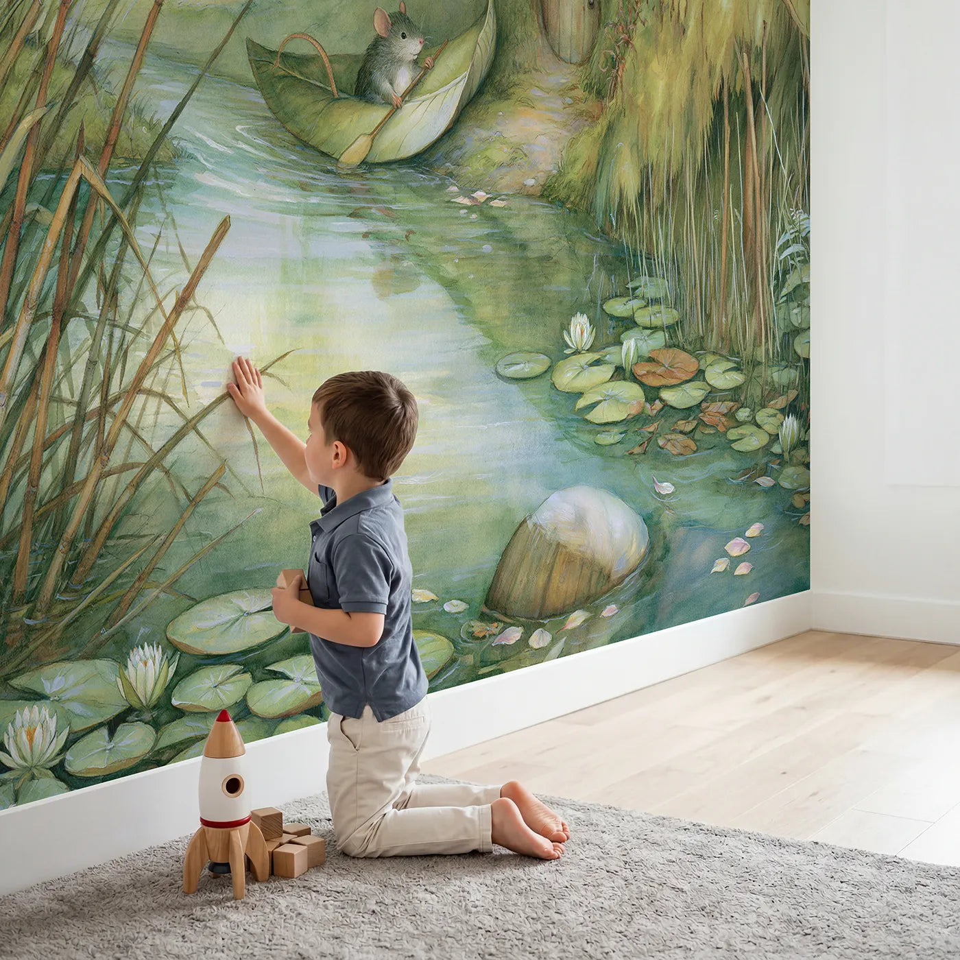 Child in nursery with Mouse River Boat Wallpaper Mural by Whimsy Tots
