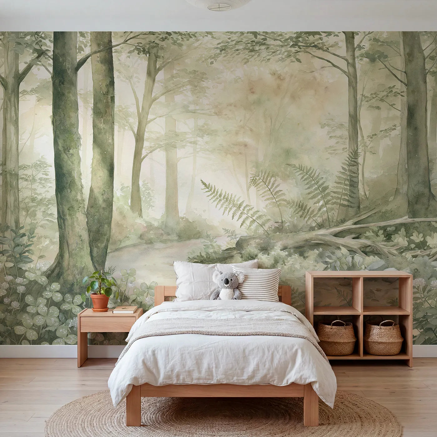 Watercolor wall mural of a misty forest path on pale sage by Whimsy Tots