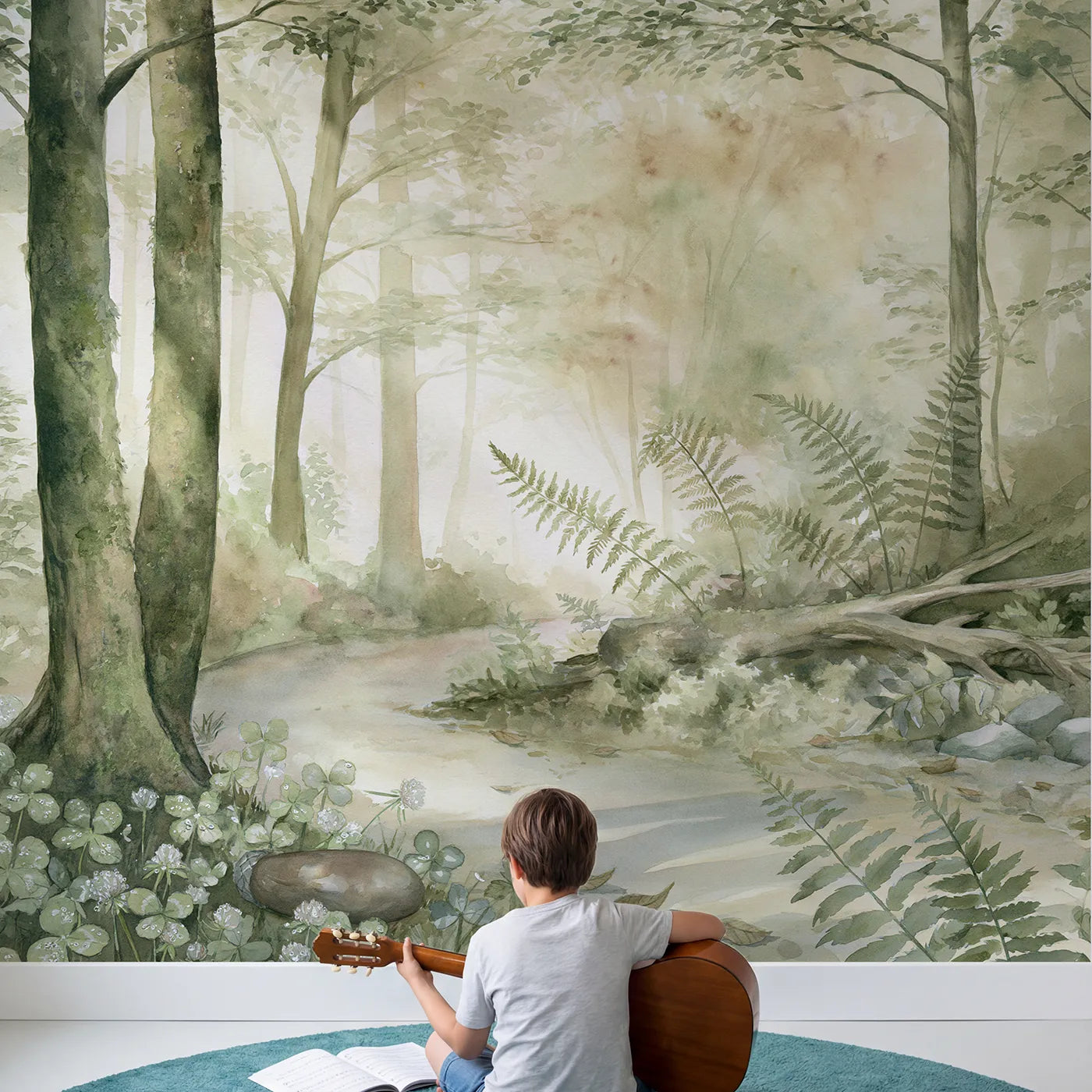 Child in nursery with Misty Forest Path Wallpaper Mural by Whimsy Tots