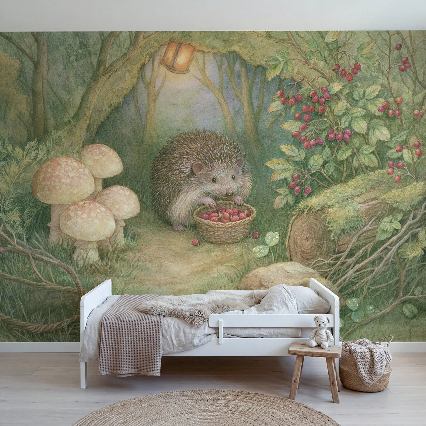 Storybook wall mural of a hedgehog gathering berries on pale sage by Whimsy Tots