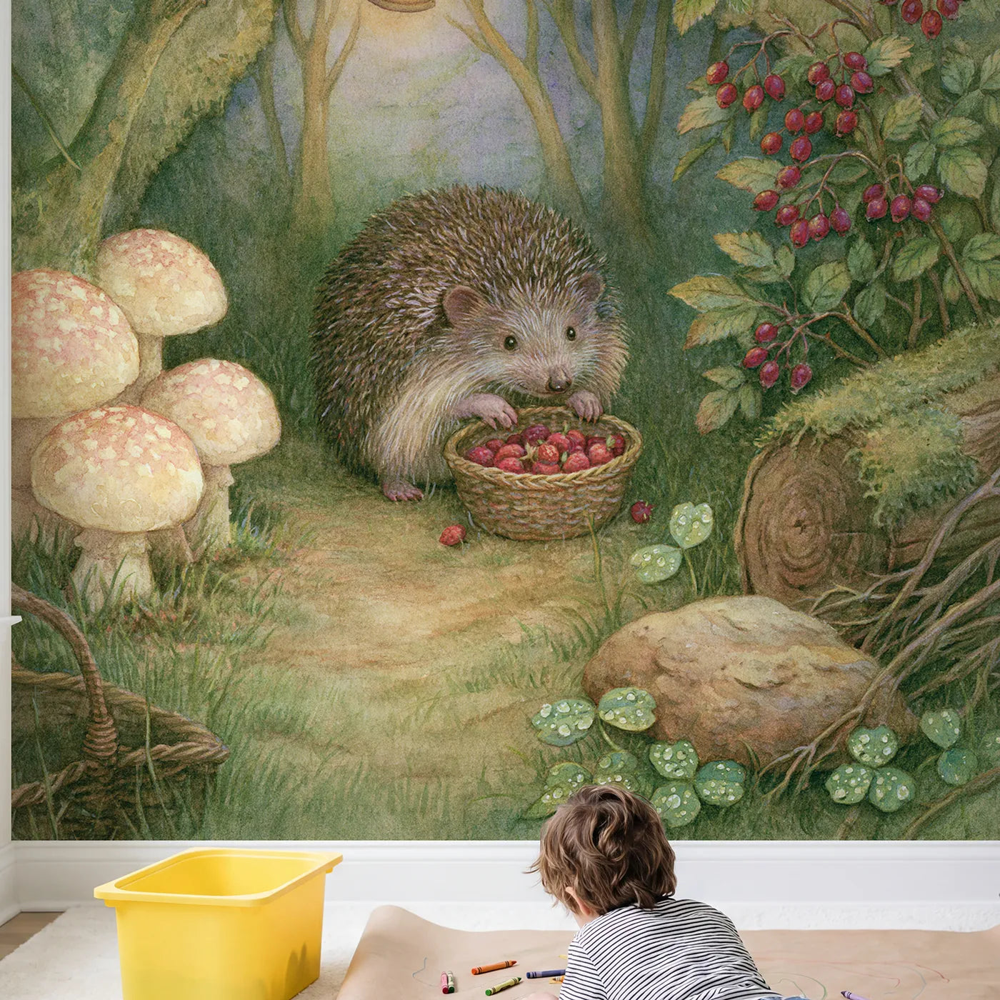 Child in nursery with Hedgehog Berry Gather Wallpaper Mural by Whimsy Tots