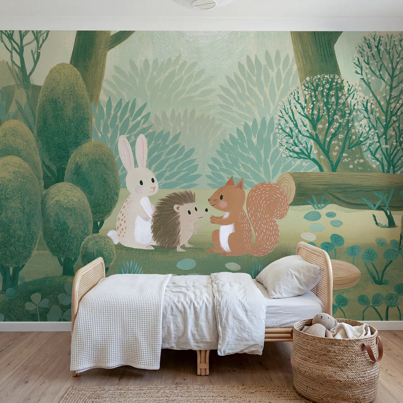 Gouache wall mural of folk woodland friends on pale sage by Whimsy Tots