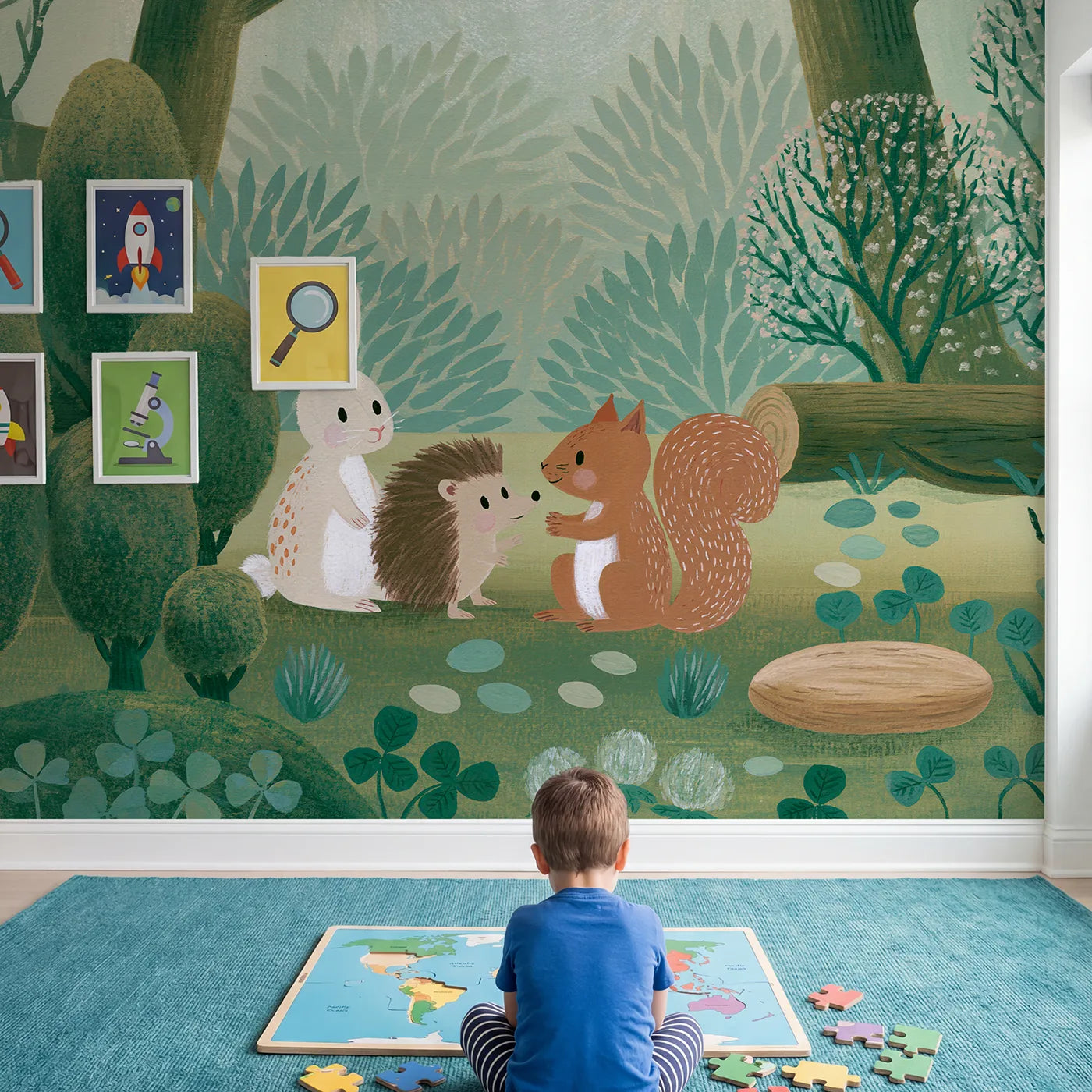 Child in nursery with Folk Woodland Friends Wallpaper Mural by Whimsy Tots