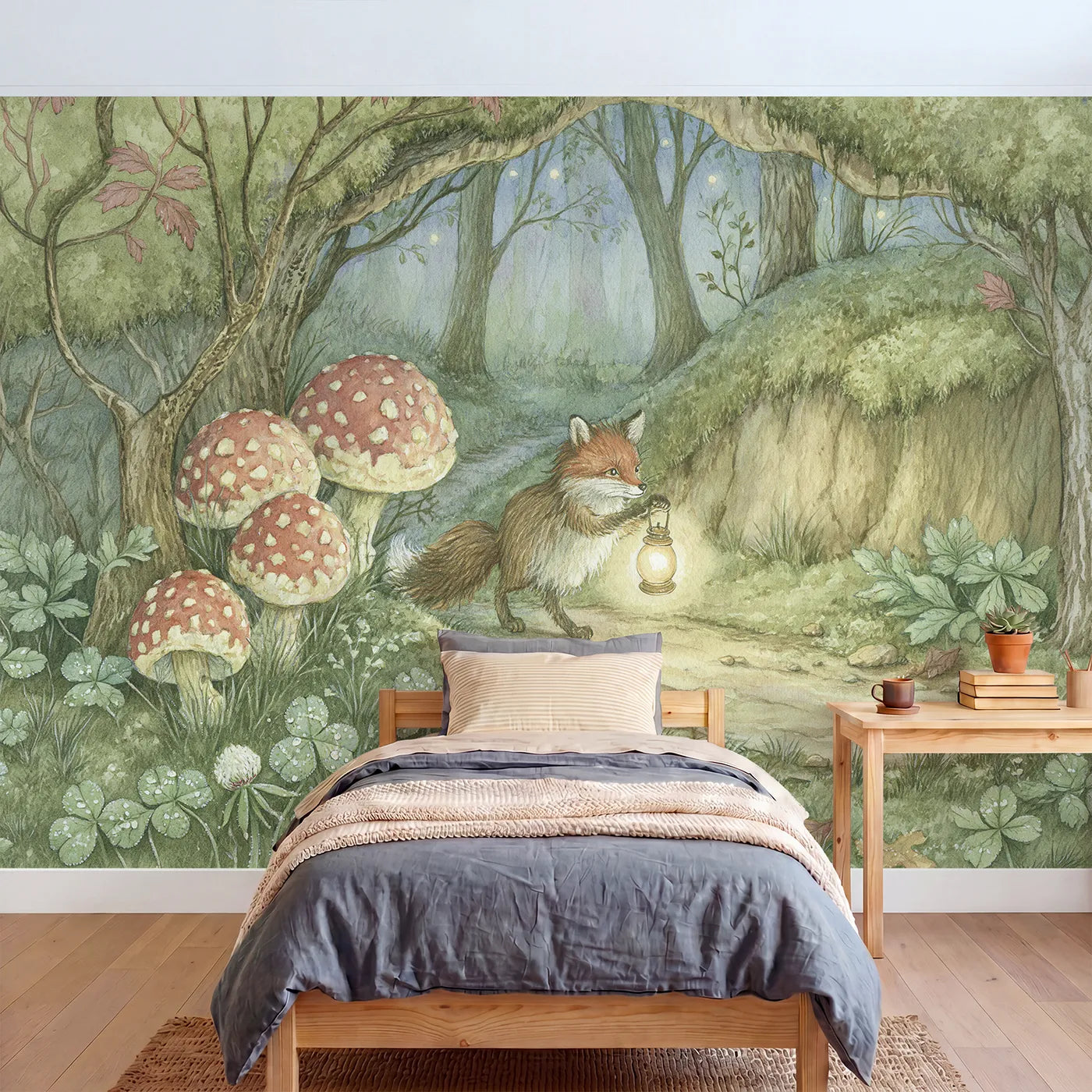 Storybook wall mural of a fox with a lantern on pale sage by Whimsy Tots