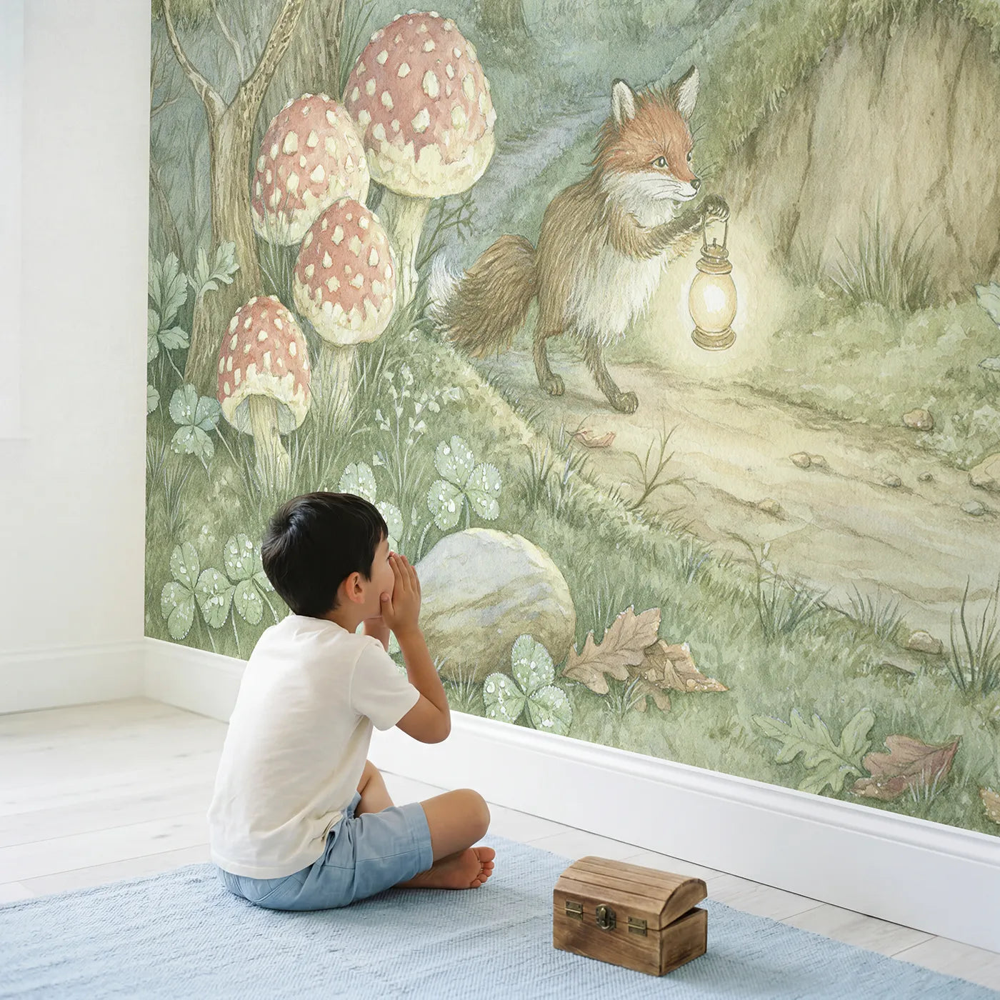 Child in nursery with Fox Lantern Walk Wallpaper Mural by Whimsy Tots