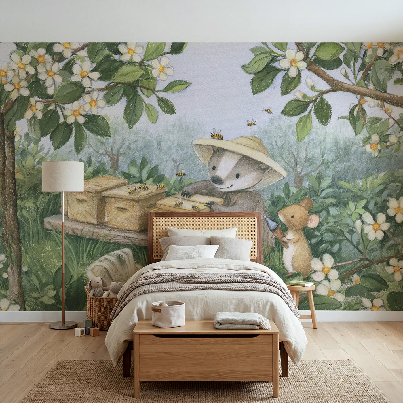 Colored Pencil badger tending the straw hives, mural for a toddler room by Whimsy Tots