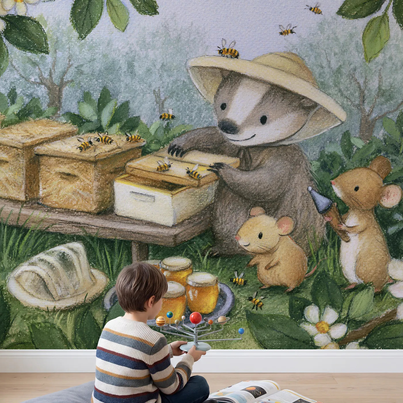 Child in nursery with The Village Beekeeper Wallpaper Mural by Whimsy Tots