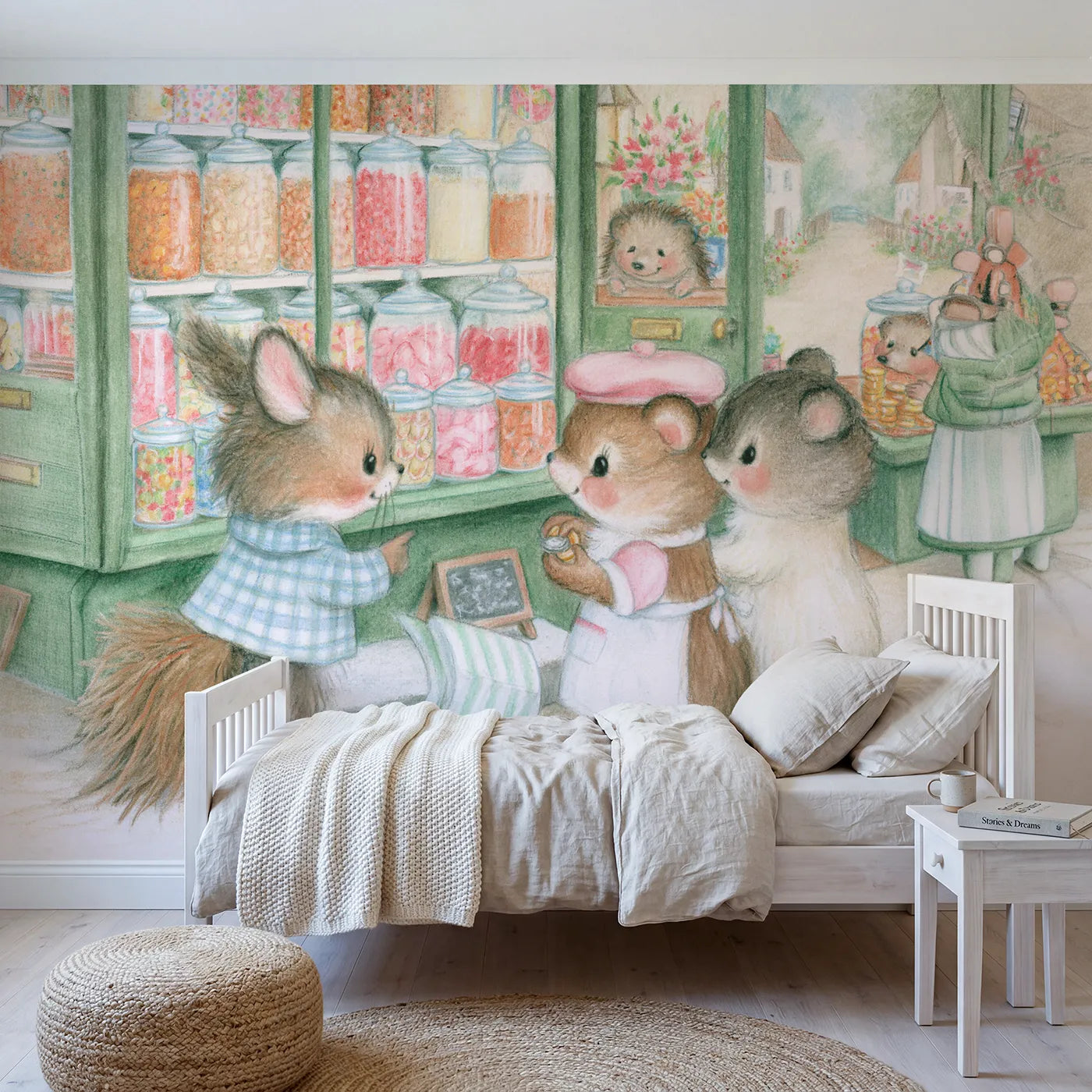 Colored Pencil animals at the sweet shop window of tall jars, mural for a playroom by Whimsy Tots