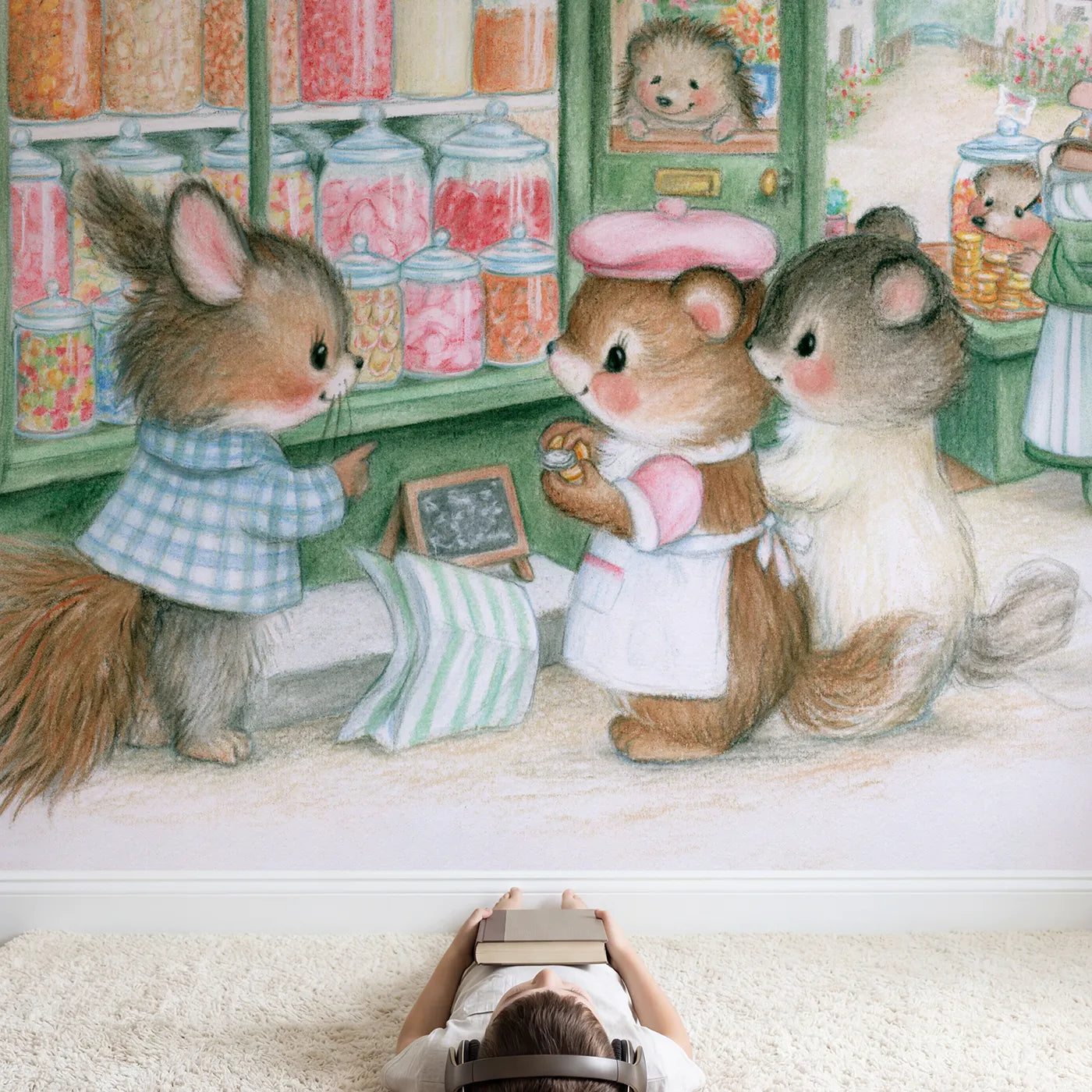 Child in nursery with The Sweet Shop Window Wallpaper Mural by Whimsy Tots