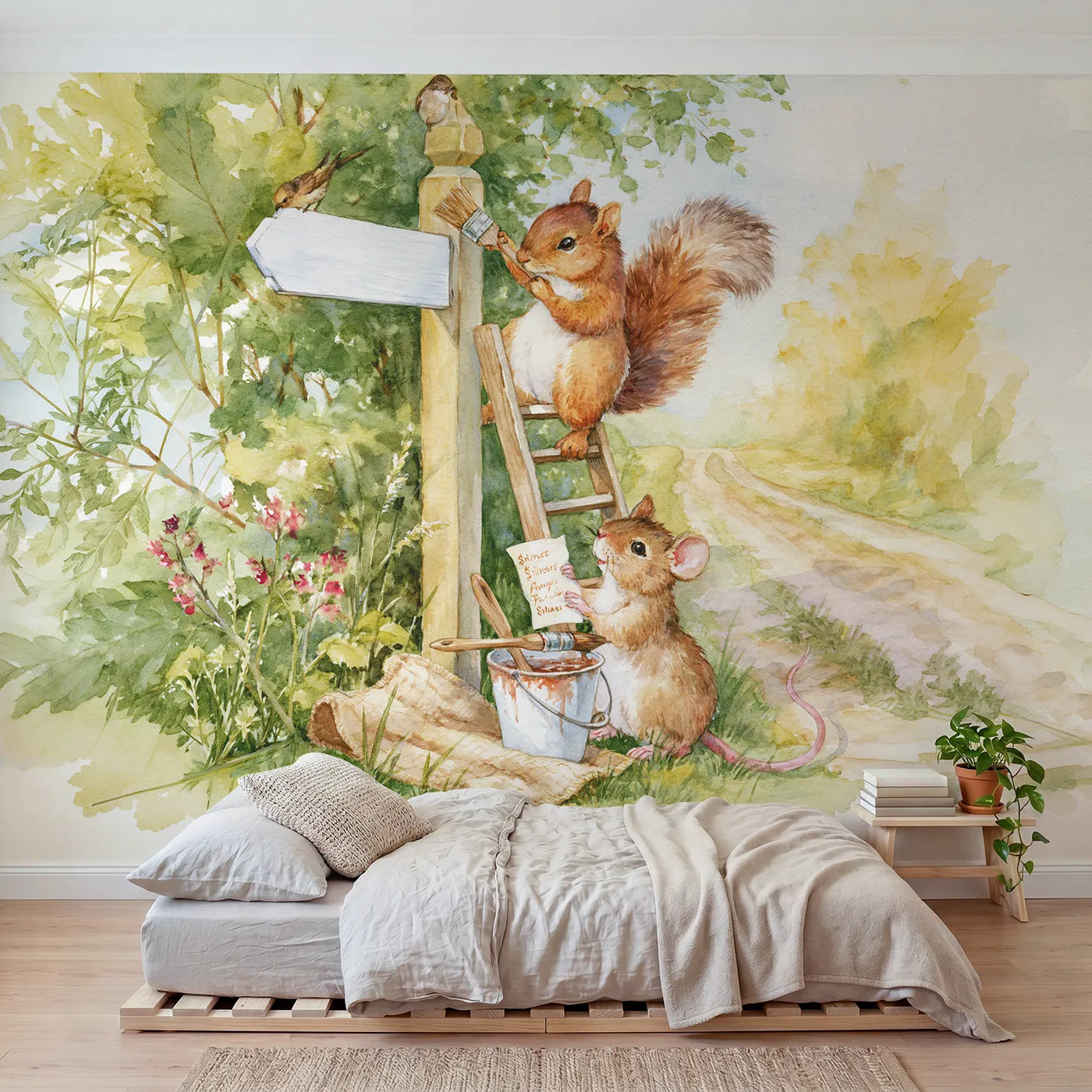 Watercolor squirrel repainting the village fingerpost, mural for a playroom by Whimsy Tots