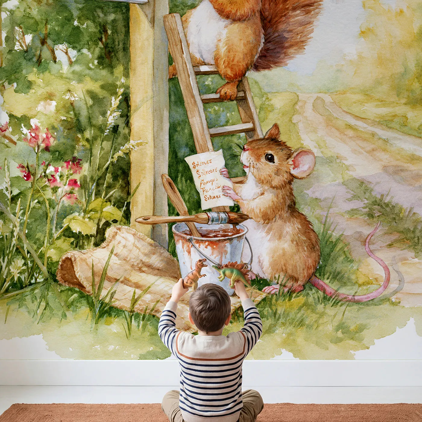 Child in nursery with Painting the Signpost Wallpaper Mural by Whimsy Tots