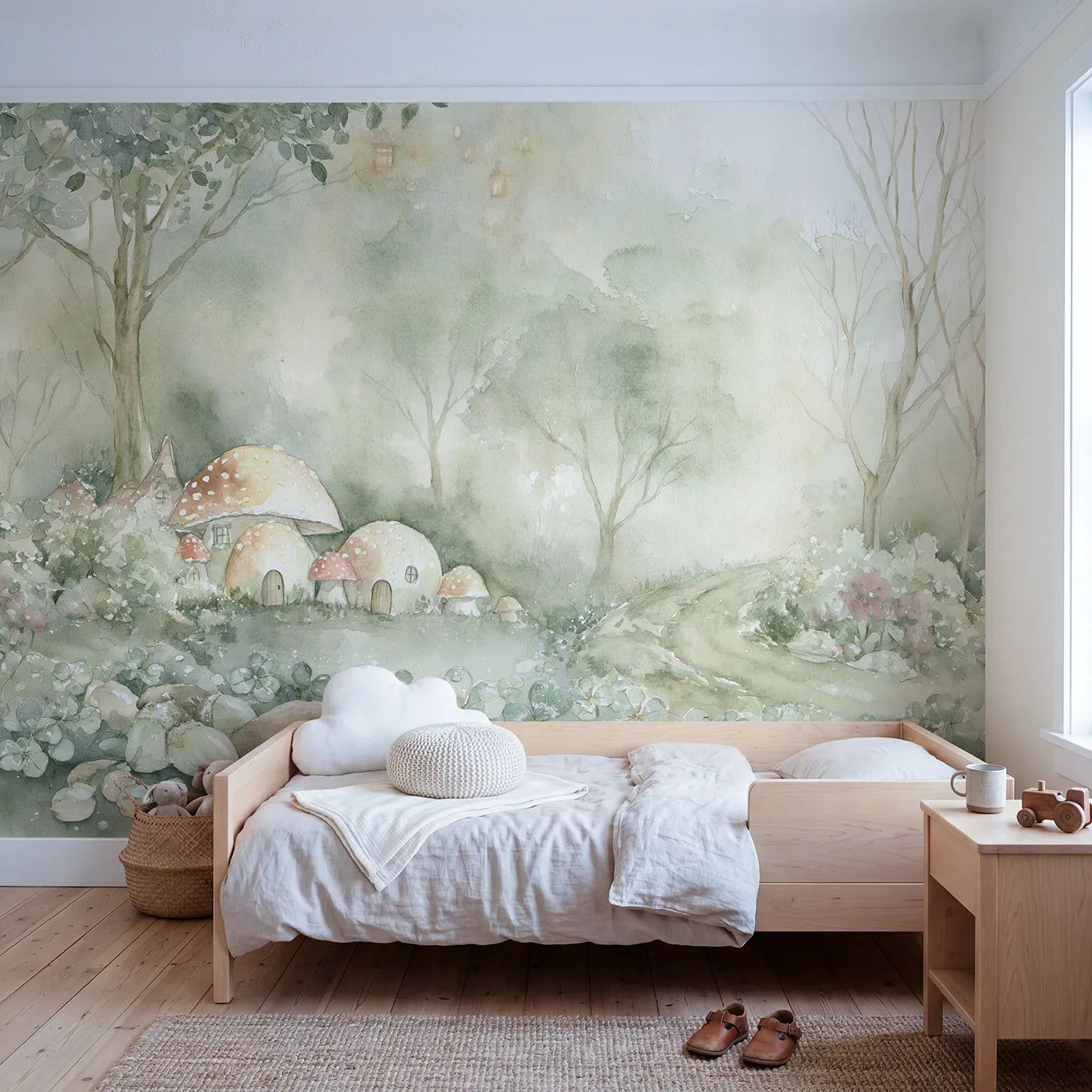Watercolor wall mural of a misty mushroom village on pale sage by Whimsy Tots