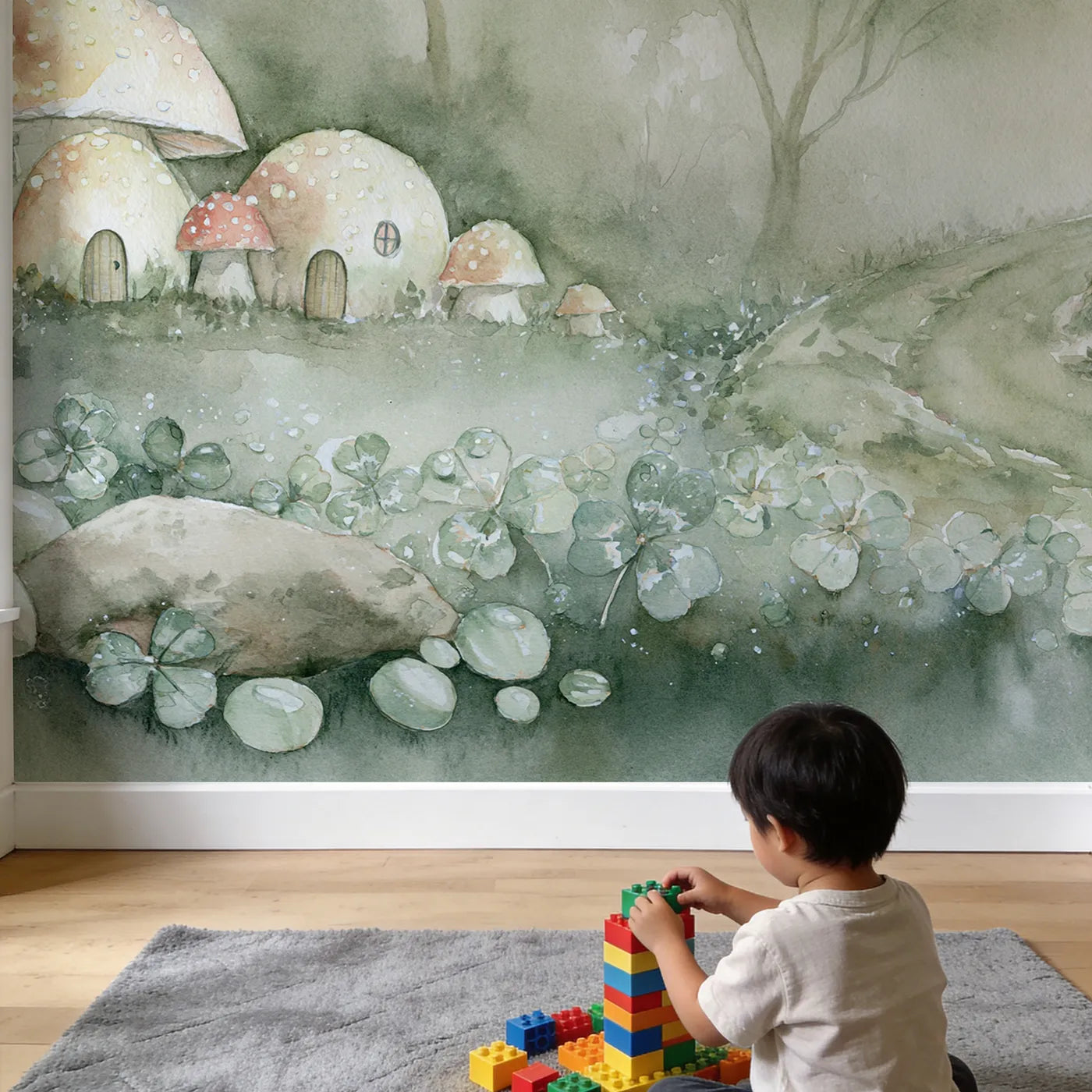 Child in nursery with Mushroom Village Mist Wallpaper Mural by Whimsy Tots