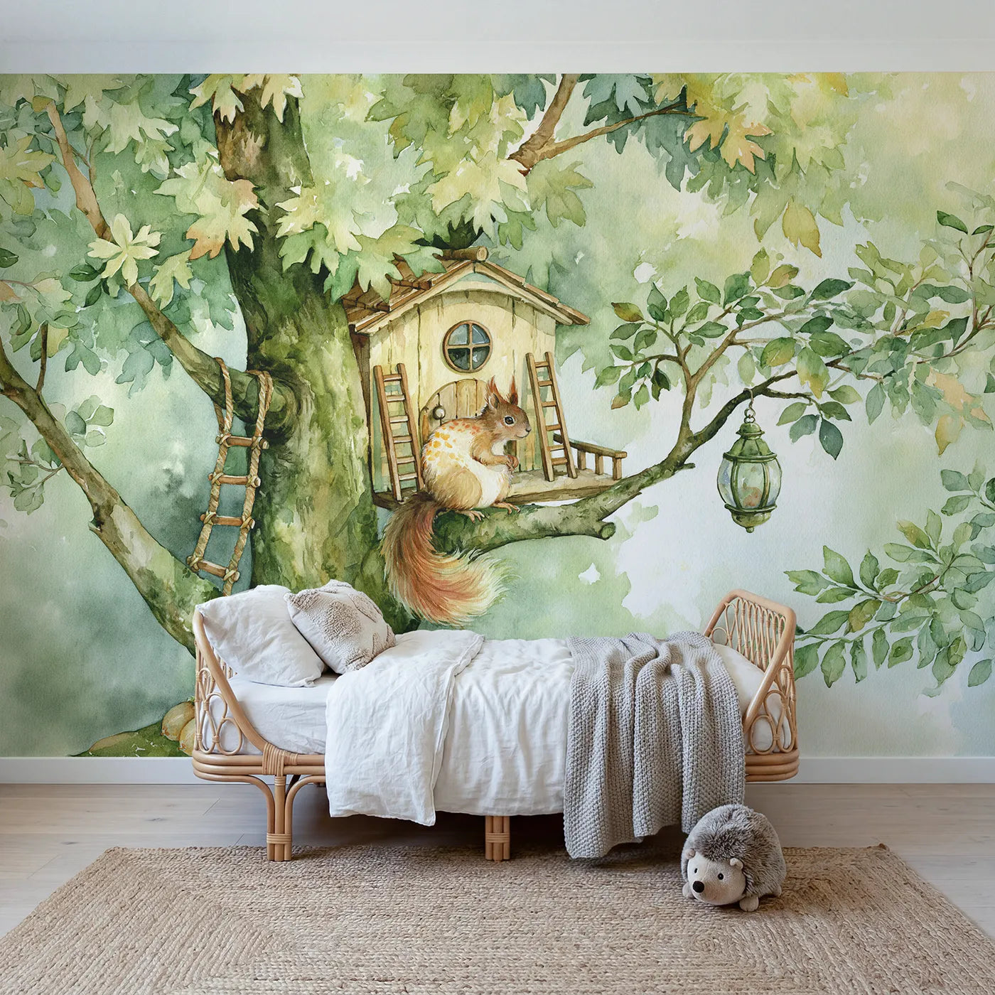 Watercolor wall mural of a squirrel treetop home on pale sage by Whimsy Tots