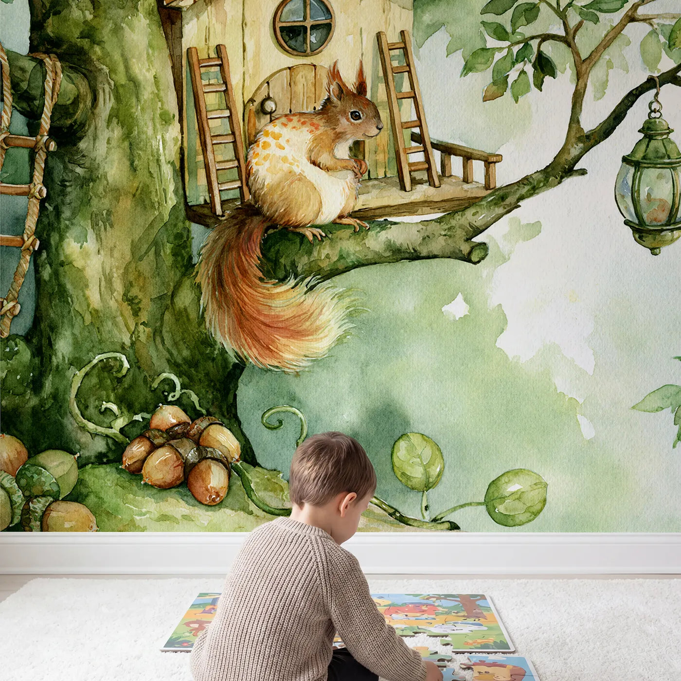 Child in nursery with Squirrel Treetop Home Wallpaper Mural by Whimsy Tots
