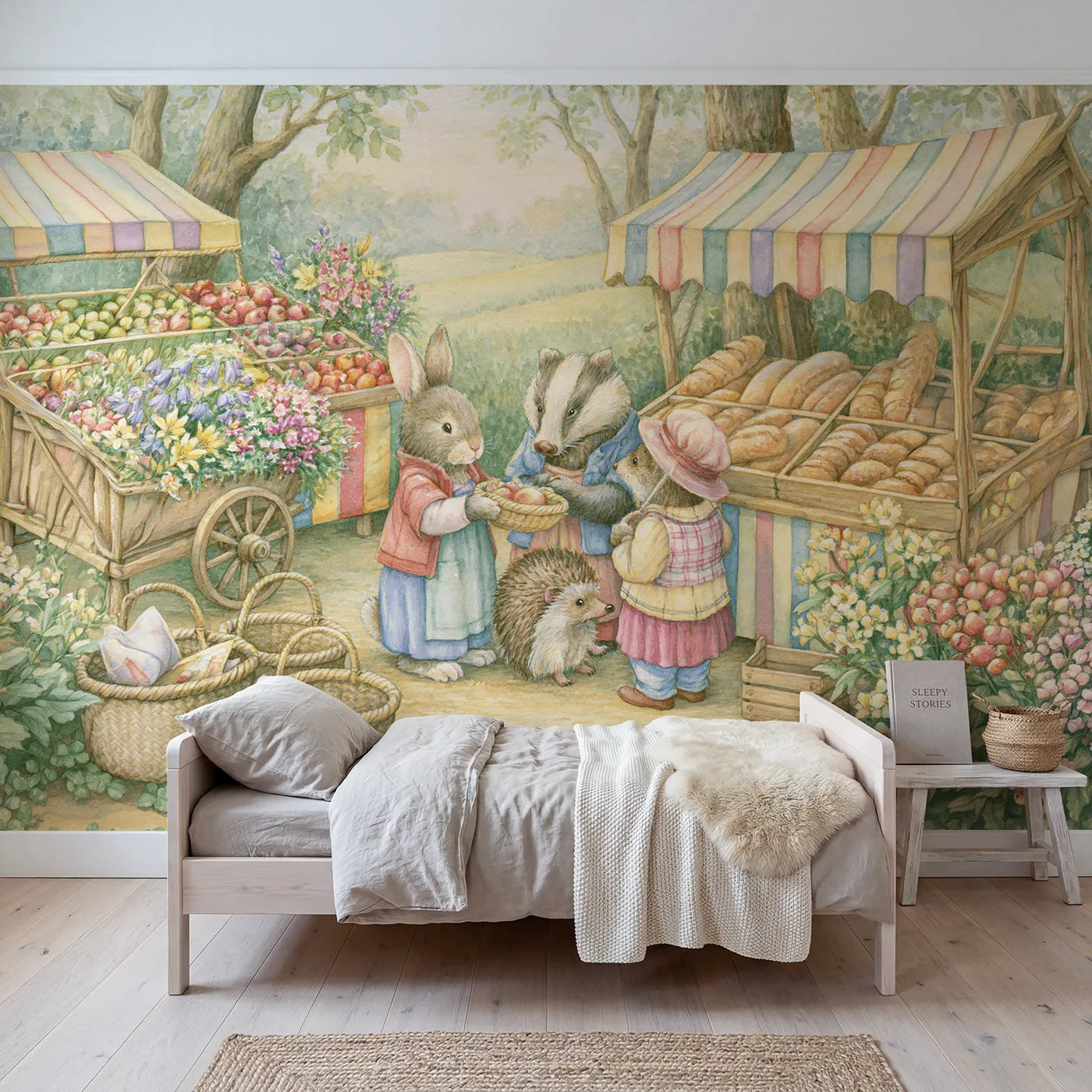 Storybook wall mural of a woodland animal market on warm cream by Whimsy Tots