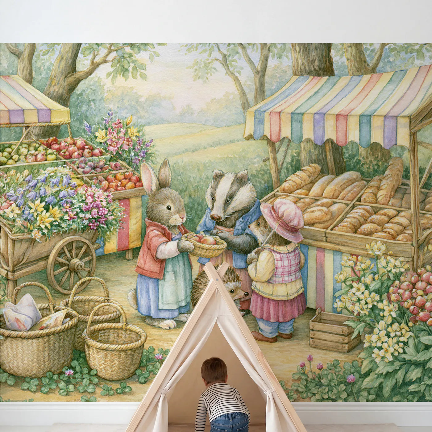 Child in nursery with Animal Market Day Wallpaper Mural by Whimsy Tots