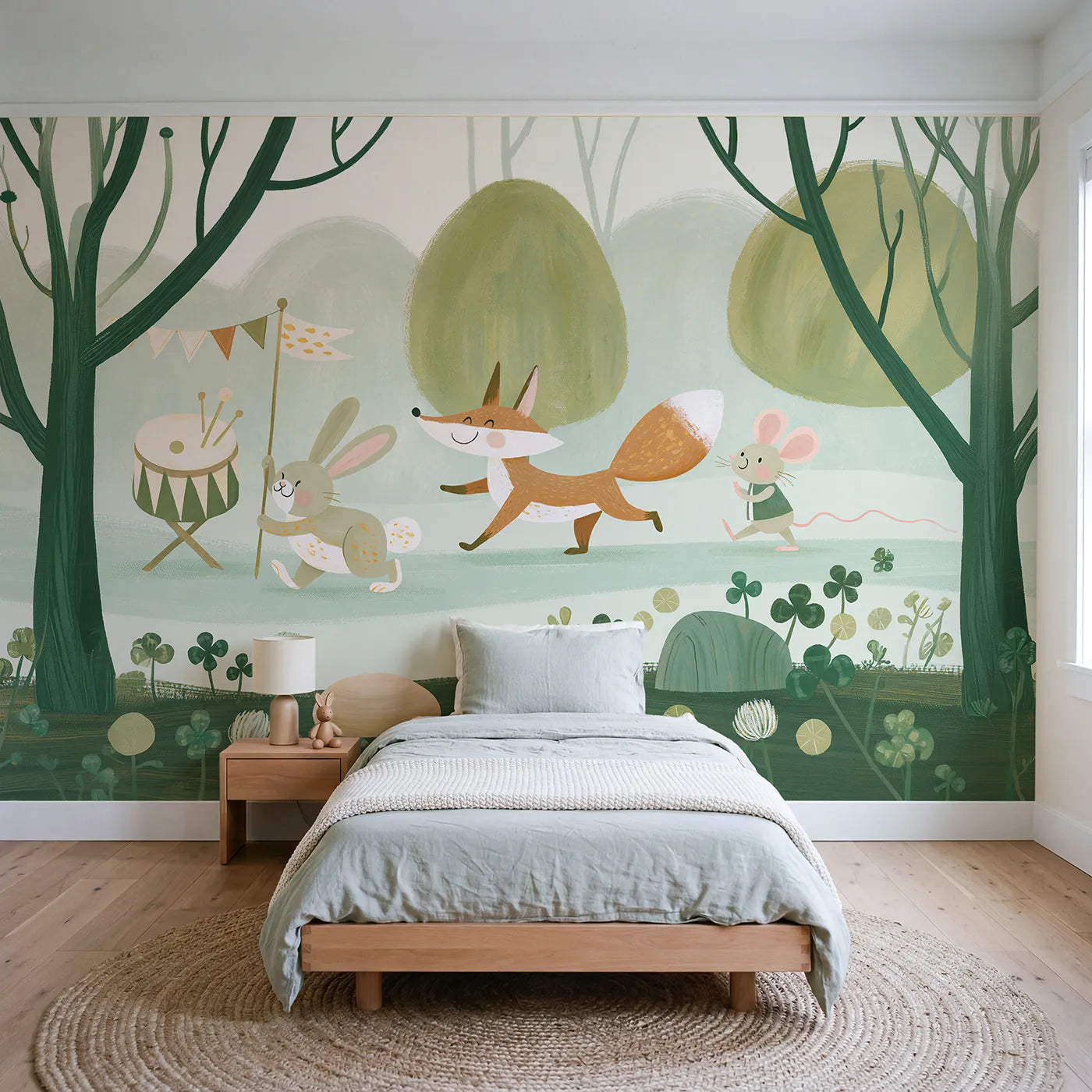 Gouache wall mural of a folk forest parade on pale sage by Whimsy Tots