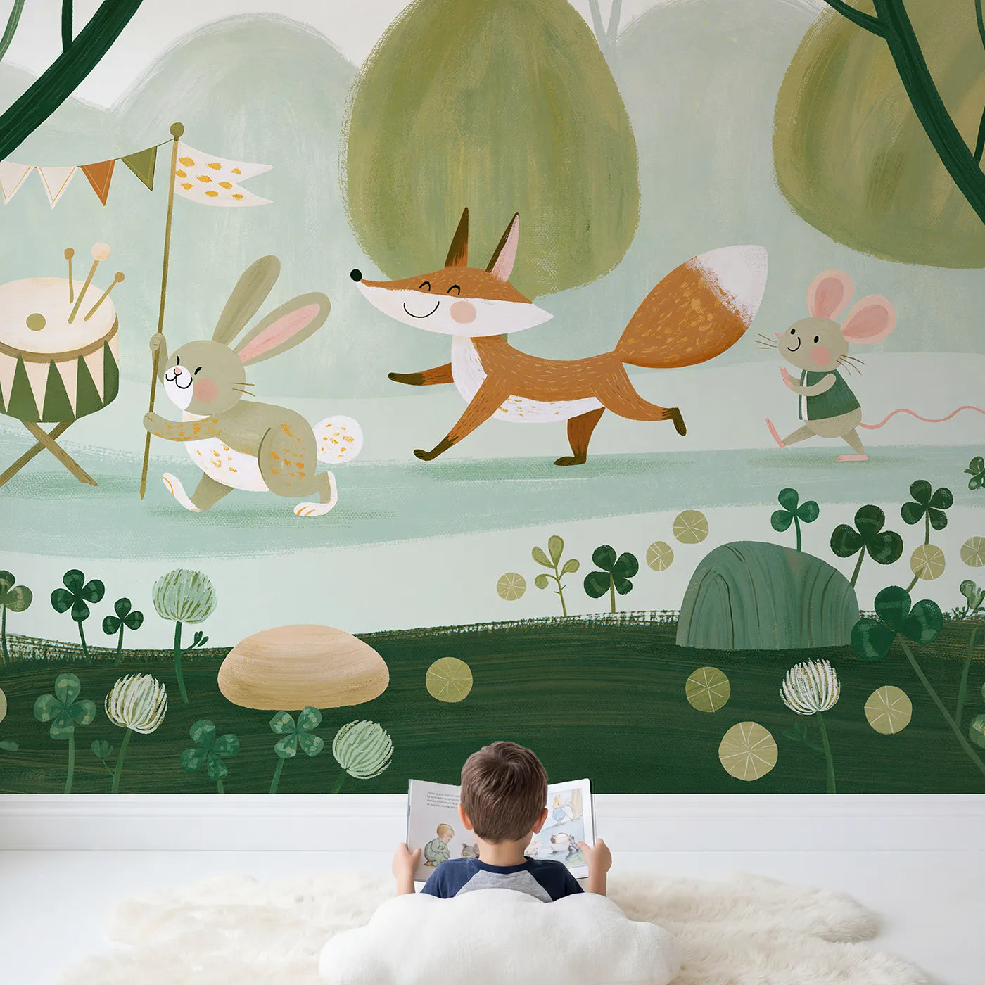 Child in nursery with Folk Forest Parade Wallpaper Mural by Whimsy Tots