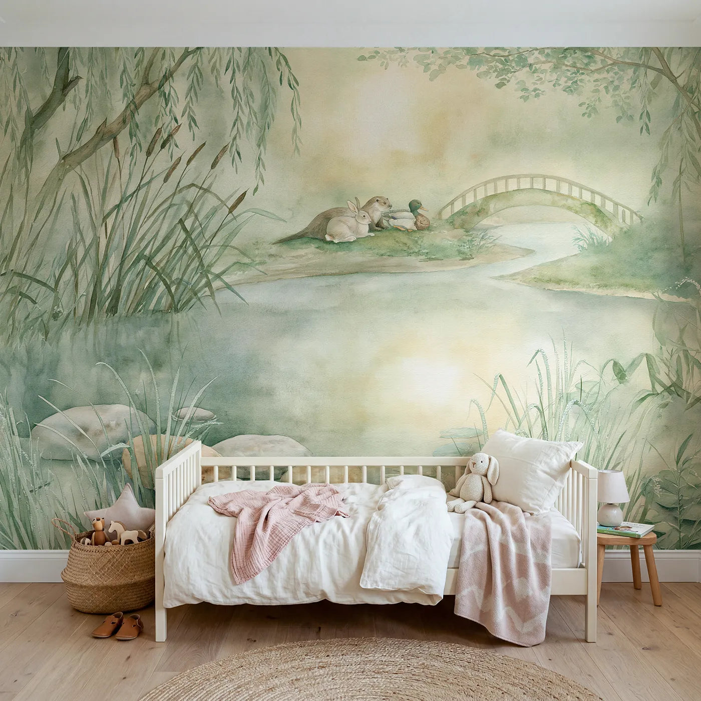 Watercolor wall mural of riverbank friends at dawn on pale sage by Whimsy Tots