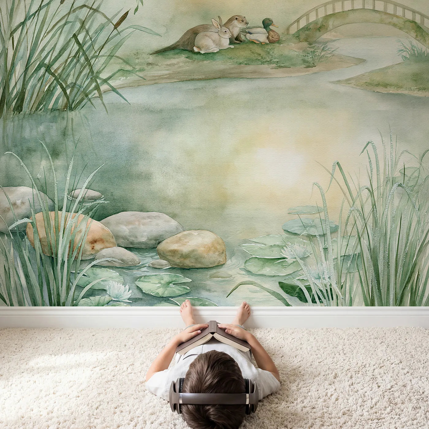 Child in nursery with Riverbank Friends Dawn Wallpaper Mural by Whimsy Tots