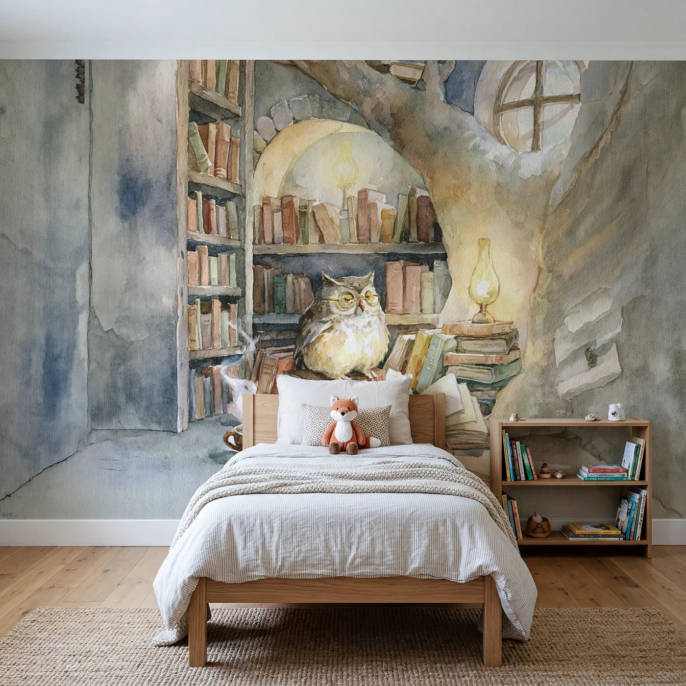 Watercolor wall mural of an owl treehouse library on warm cream by Whimsy Tots