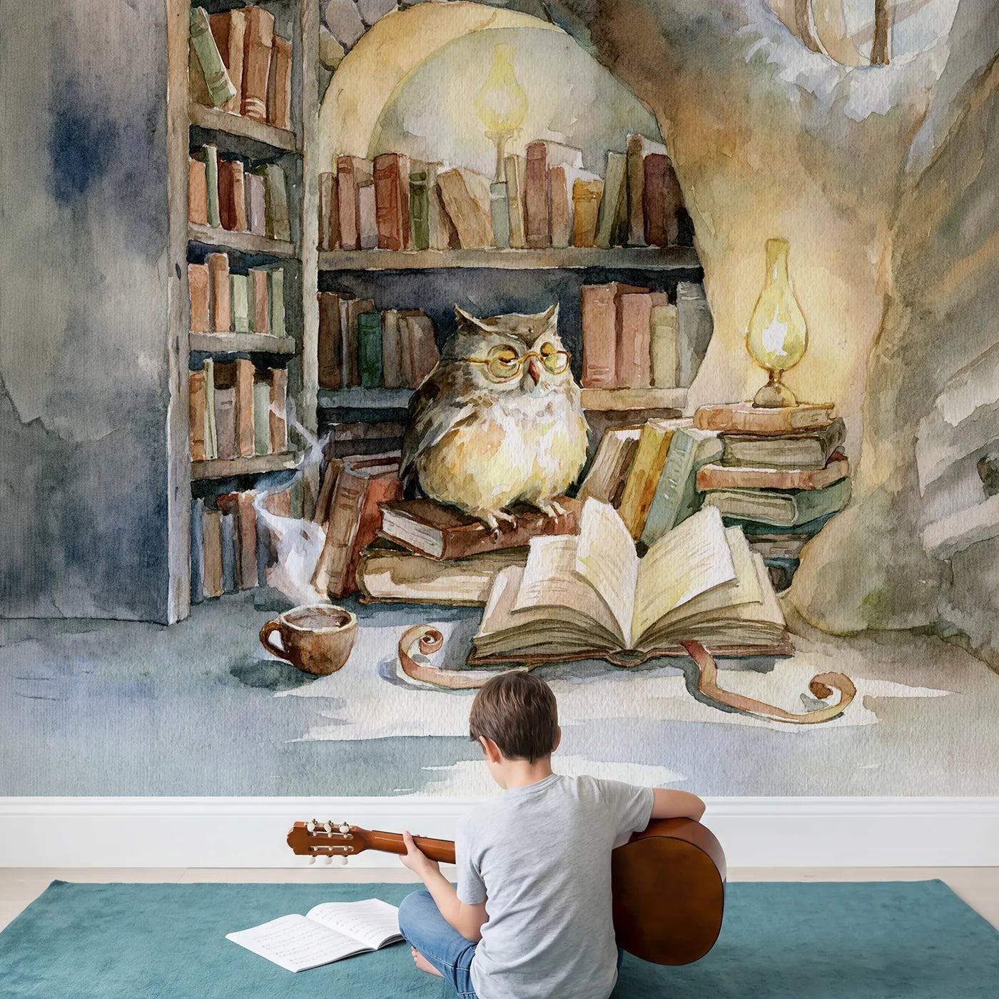 Child in nursery with Owl Treehouse Library Wallpaper Mural by Whimsy Tots
