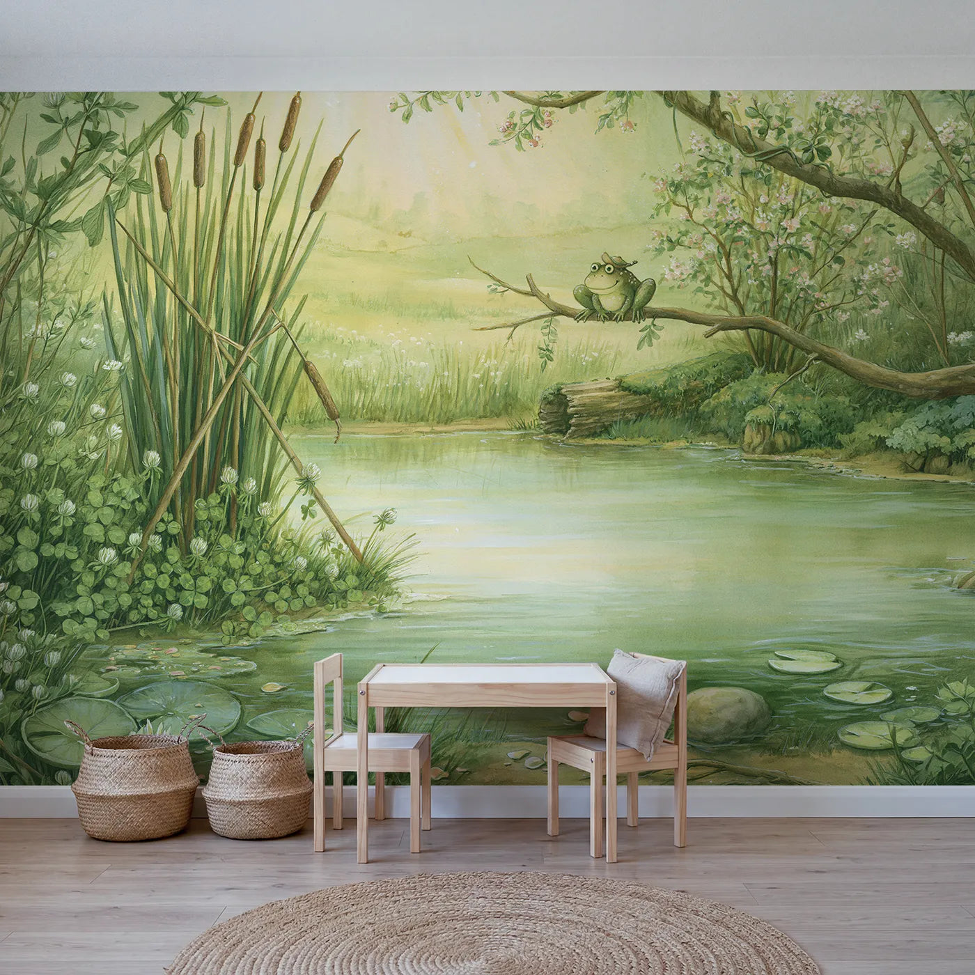 Storybook wall mural of a frog pond adventure on pale sage by Whimsy Tots