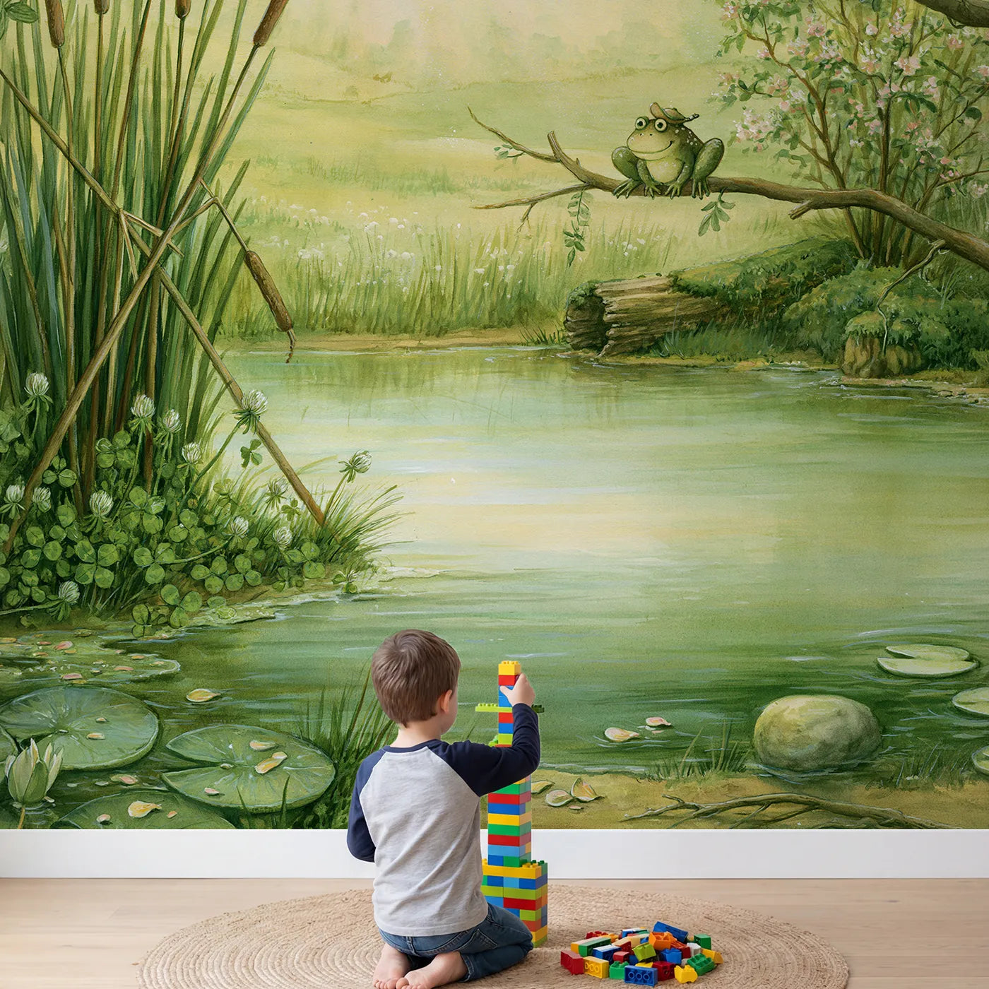 Child in nursery with Frog Pond Adventure Wallpaper Mural by Whimsy Tots