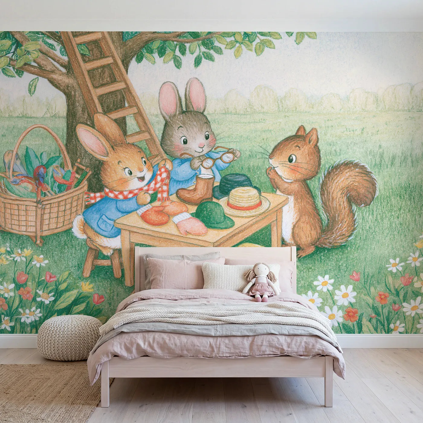Colored Pencil village lost property table of odd items, mural for a kids room by Whimsy Tots