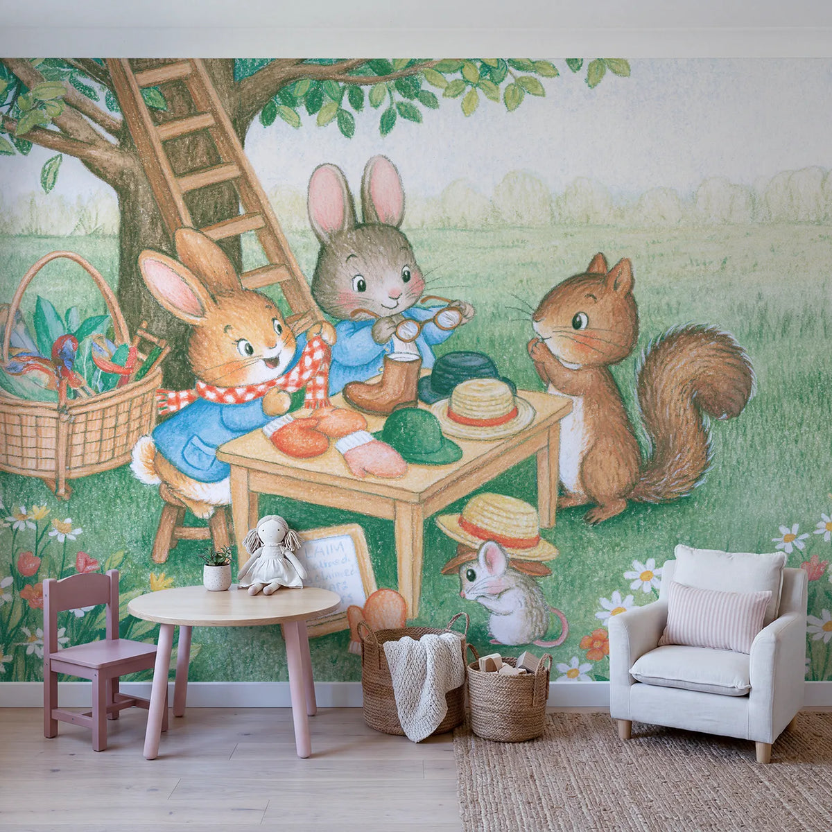 The Lost Property Table Wallpaper Mural in playroom setting by Whimsy Tots