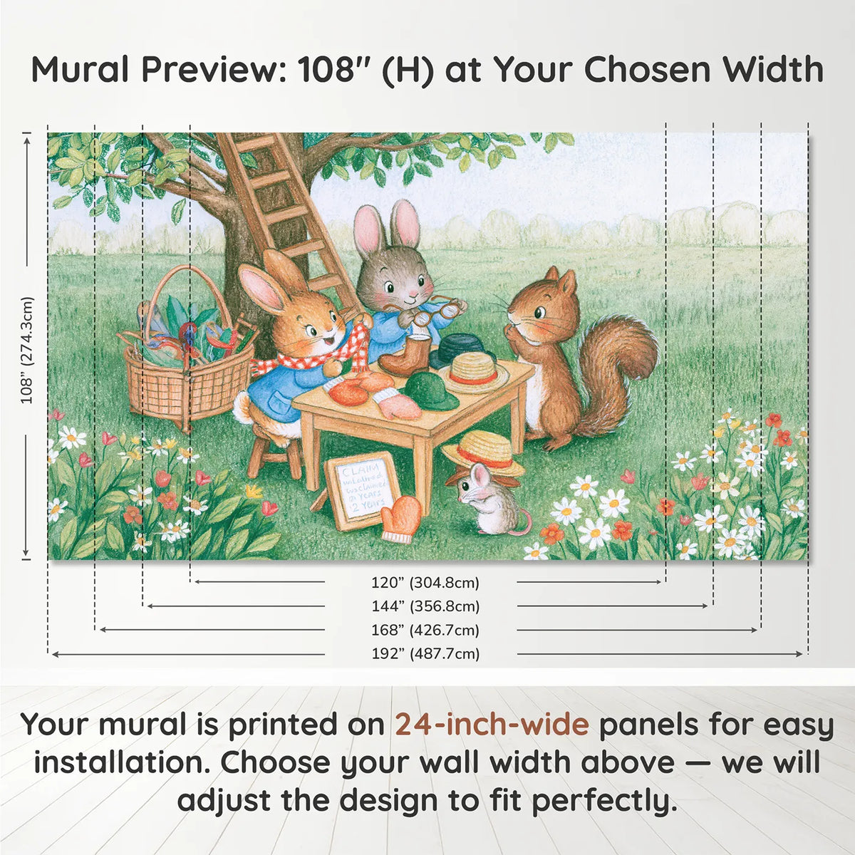 Panel layout and dimensions for The Lost Property Table Wallpaper Mural by Whimsy Tots
